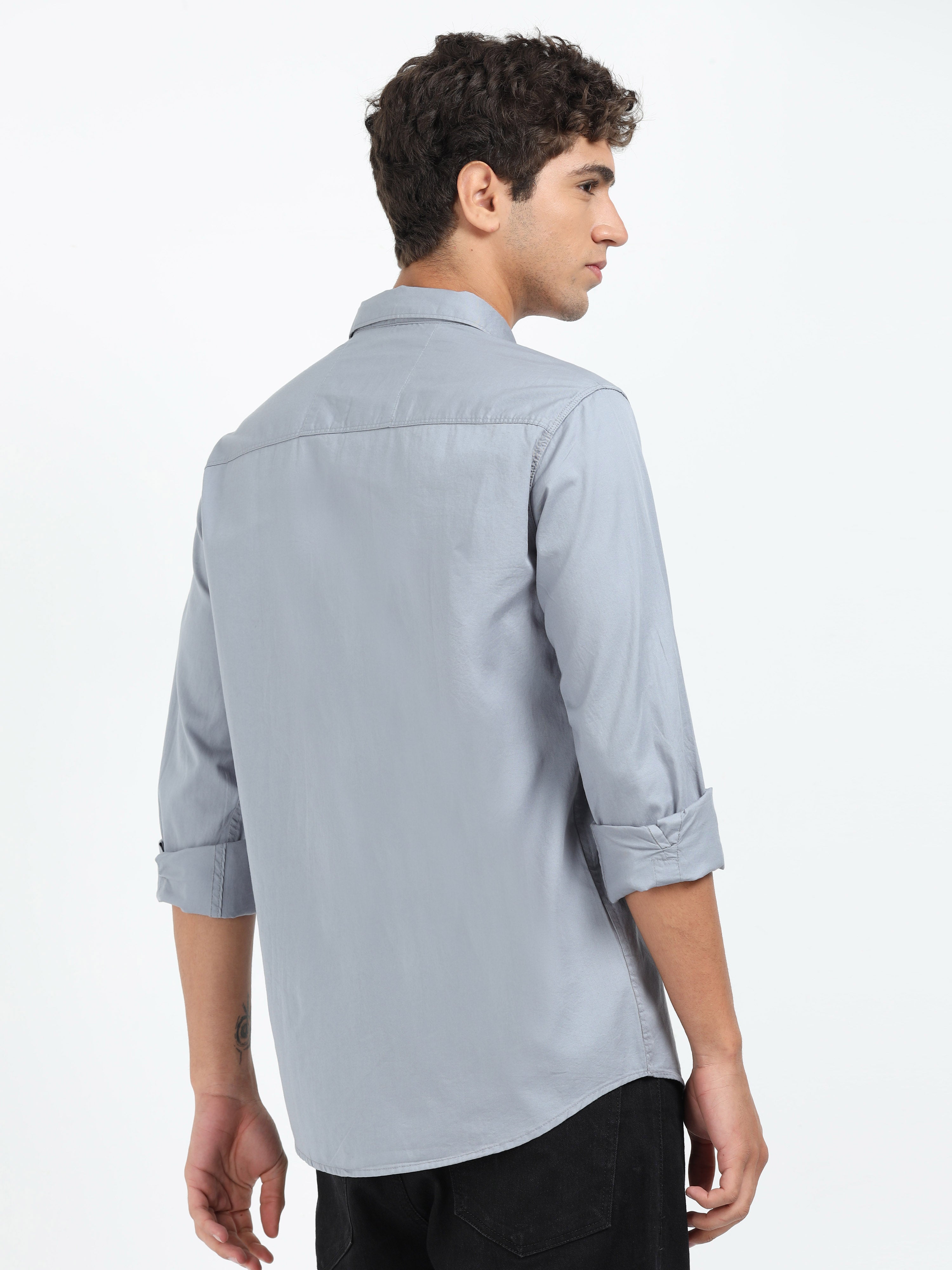 Mens Grey Twill Shirt Slim Fit