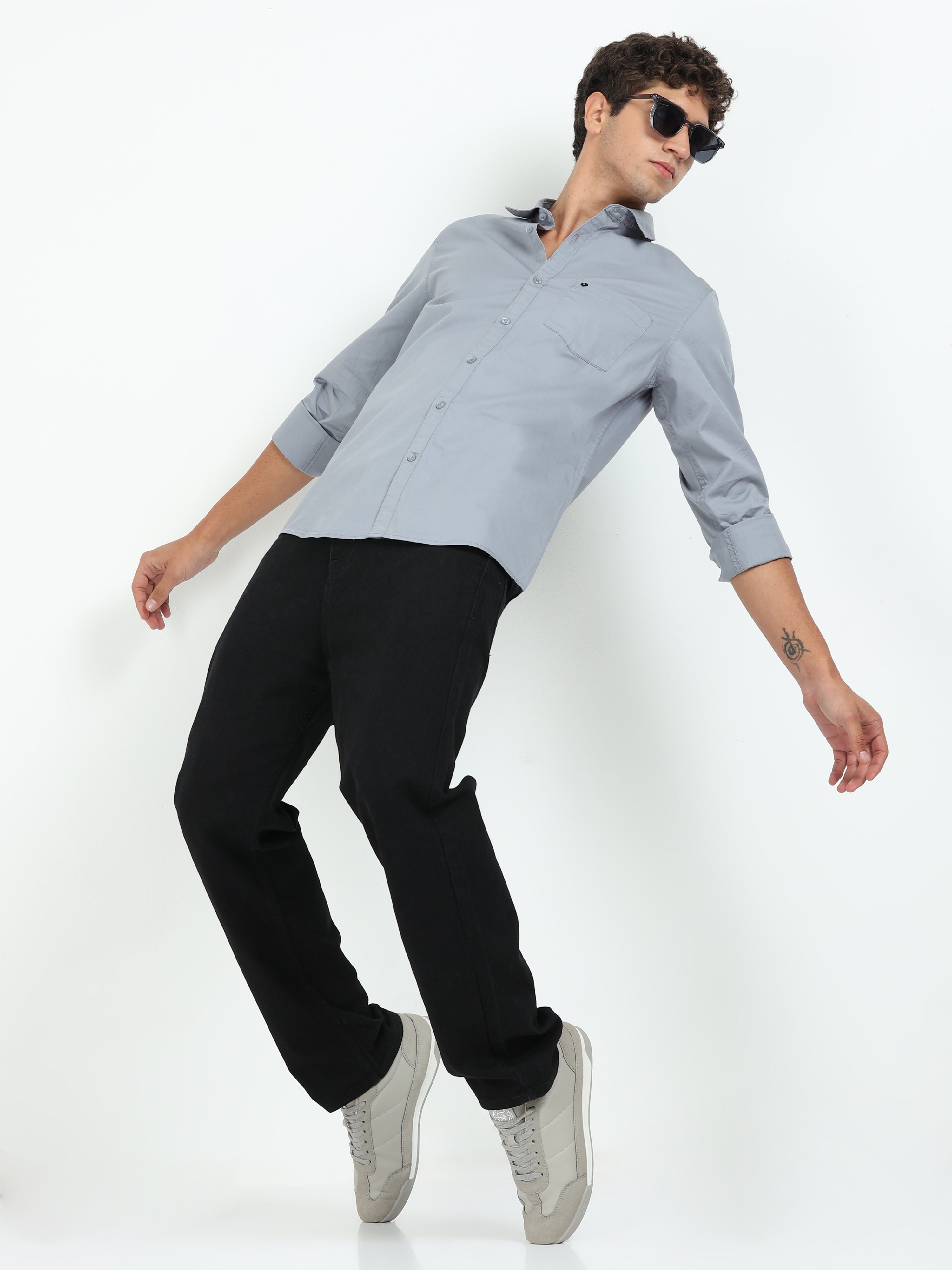 Mens Grey Twill Shirt Slim Fit