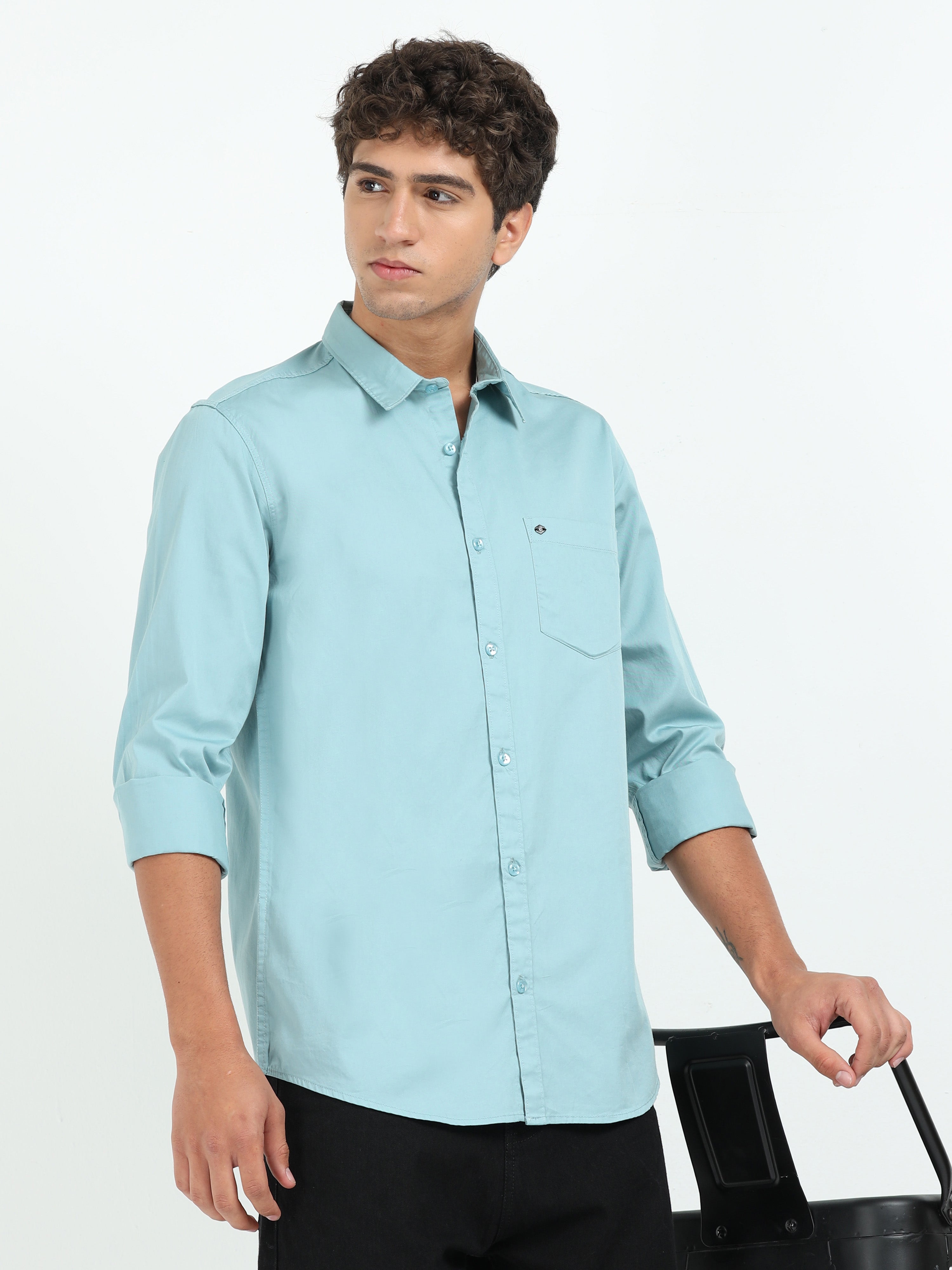 Mens Green Twill Shirt Slim Fit