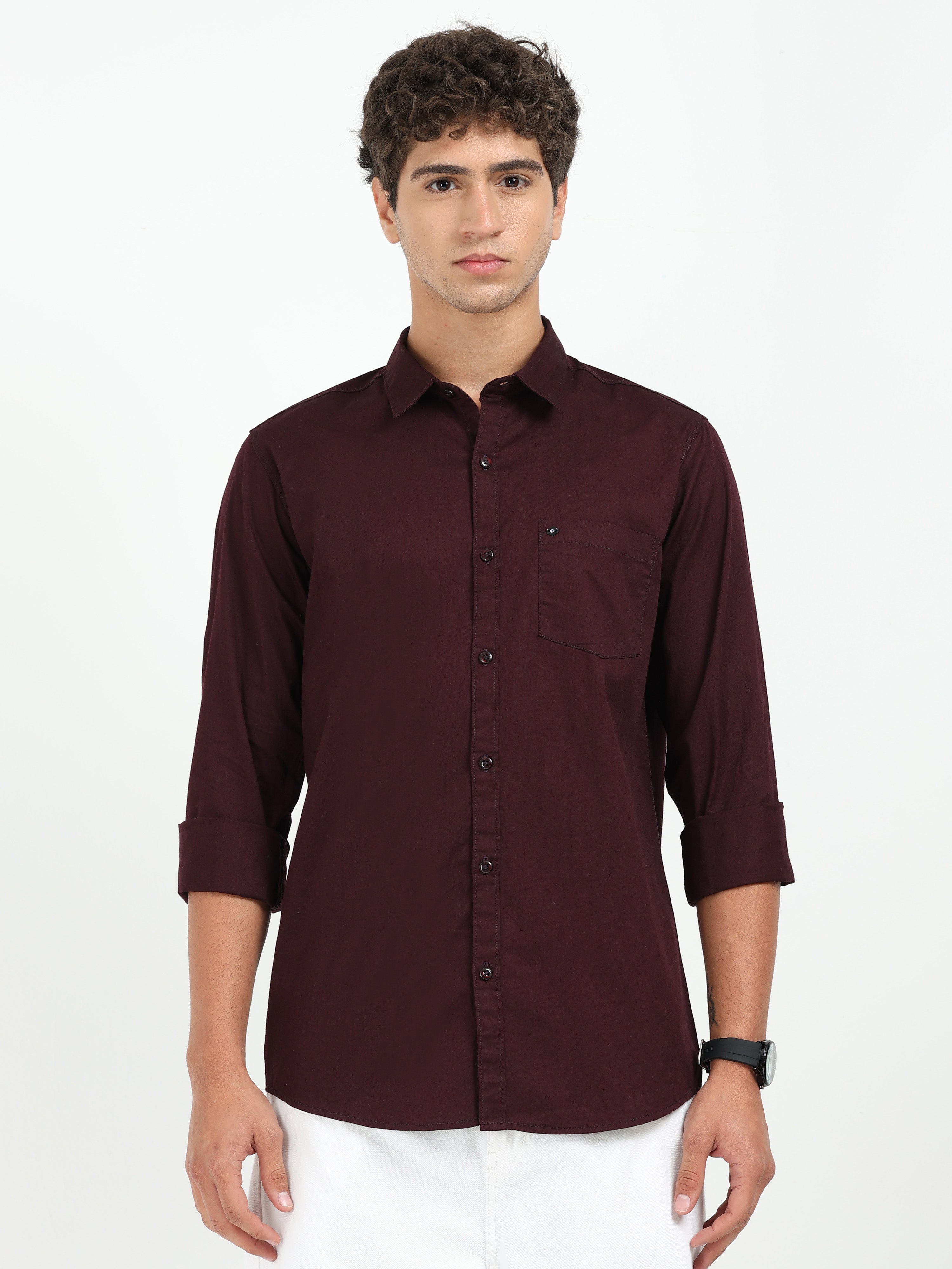 Mens Maroon Twill Shirt Slim Fit