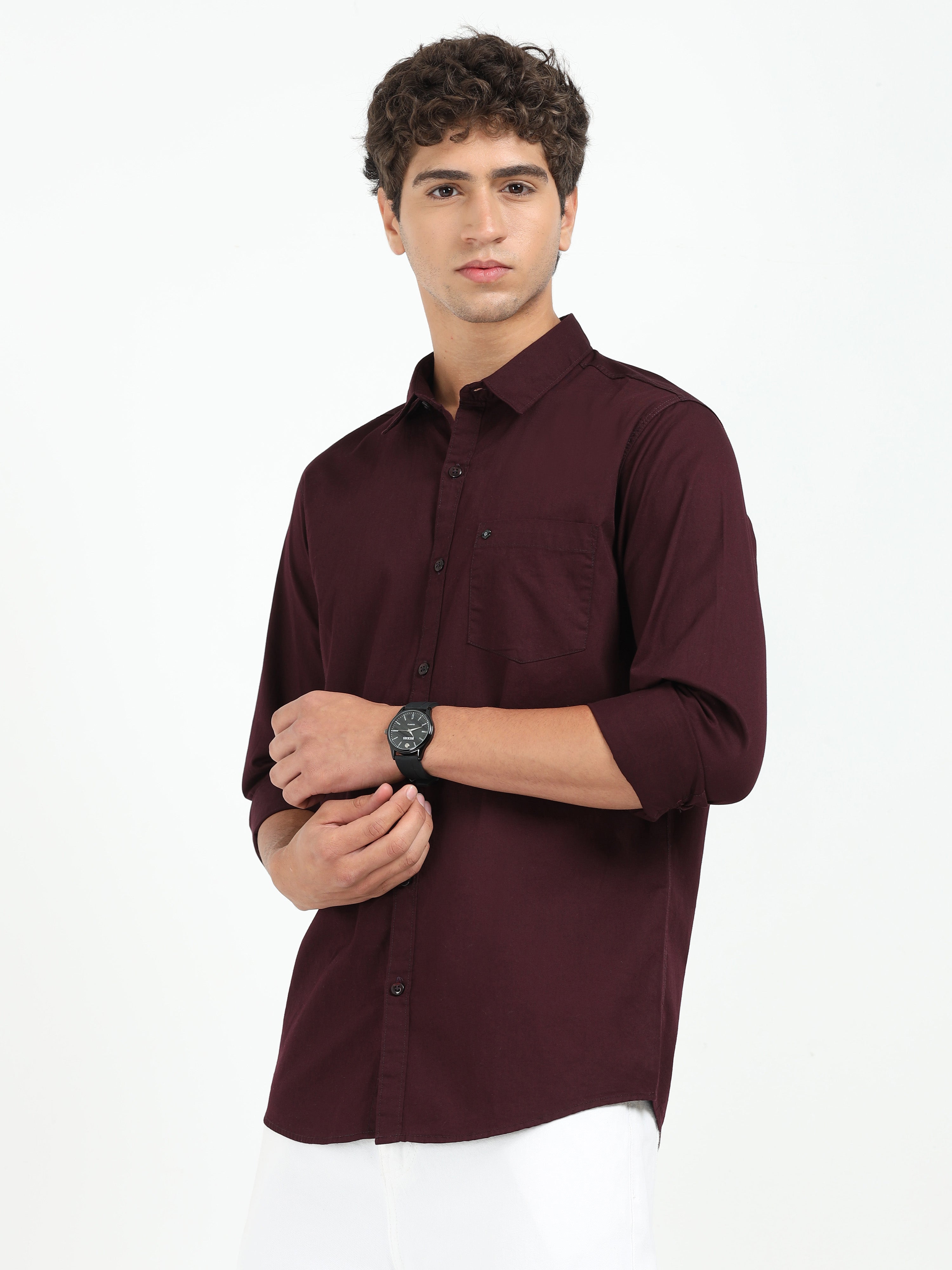 Mens Maroon Twill Shirt Slim Fit