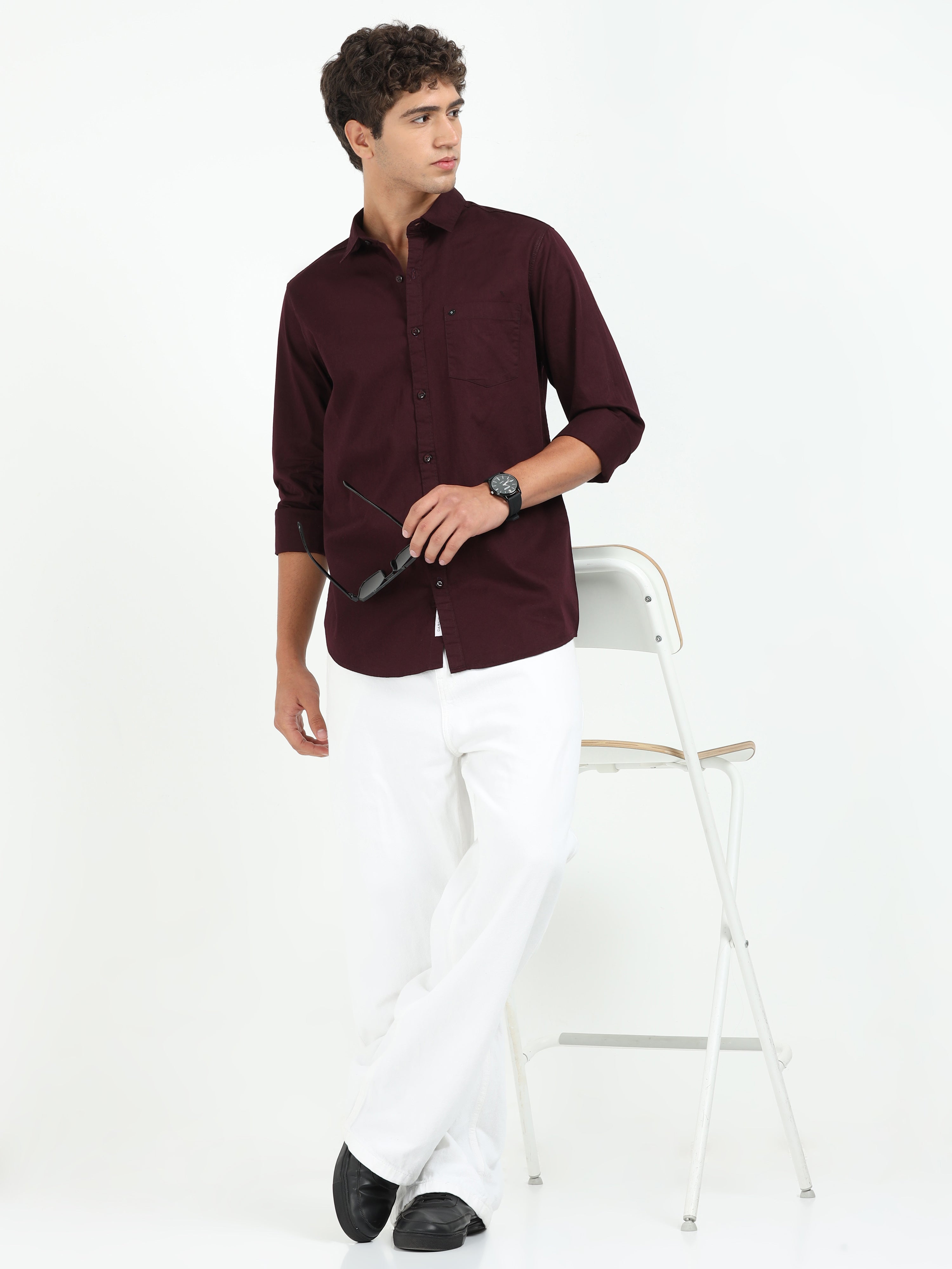 Mens Maroon Twill Shirt Slim Fit