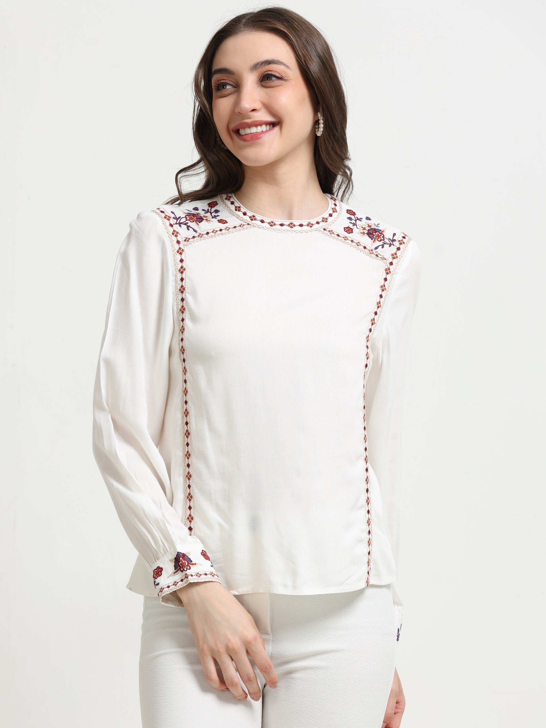 Women White Embroidered Casual Top