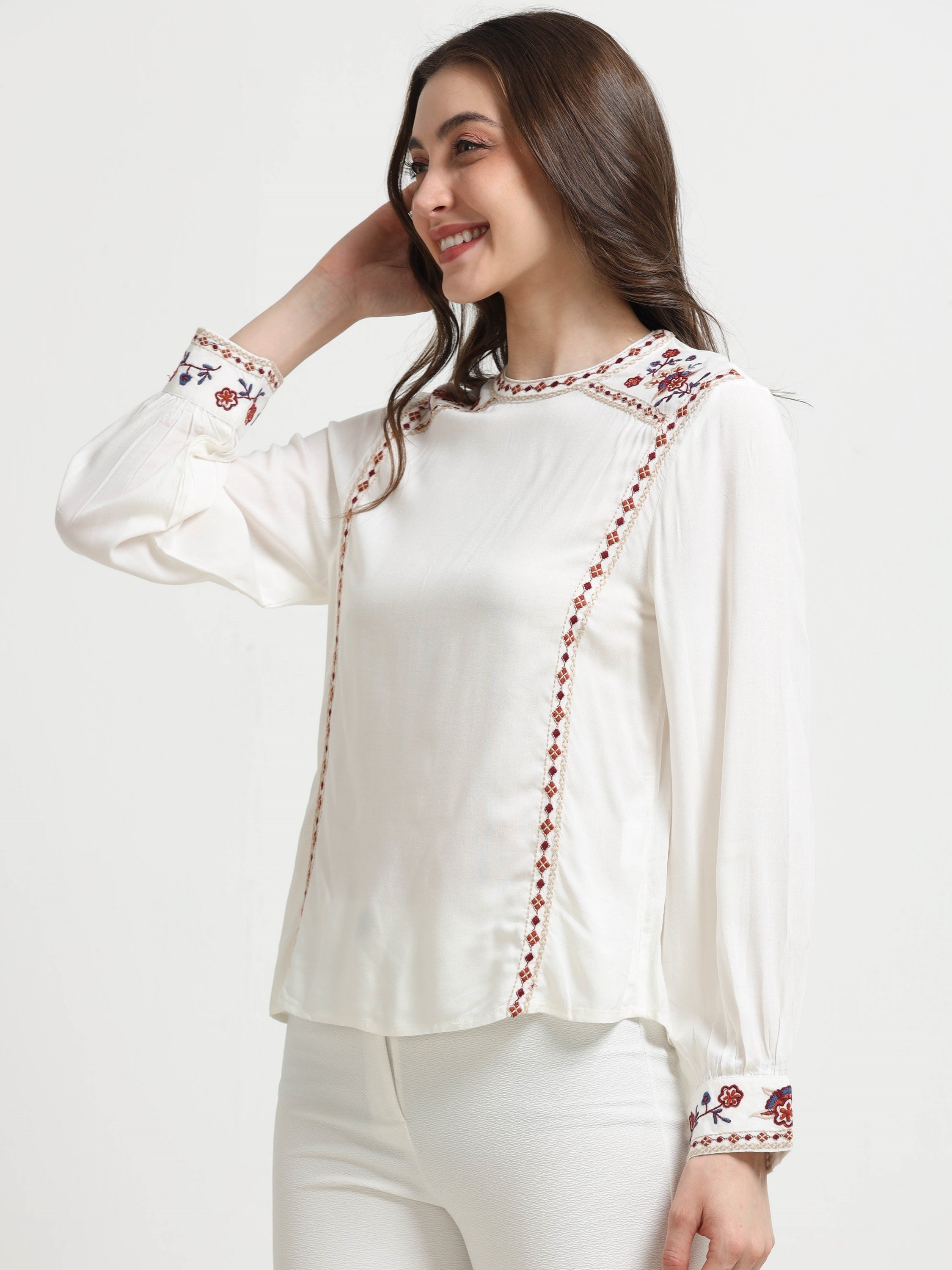Women White Embroidered Casual Top