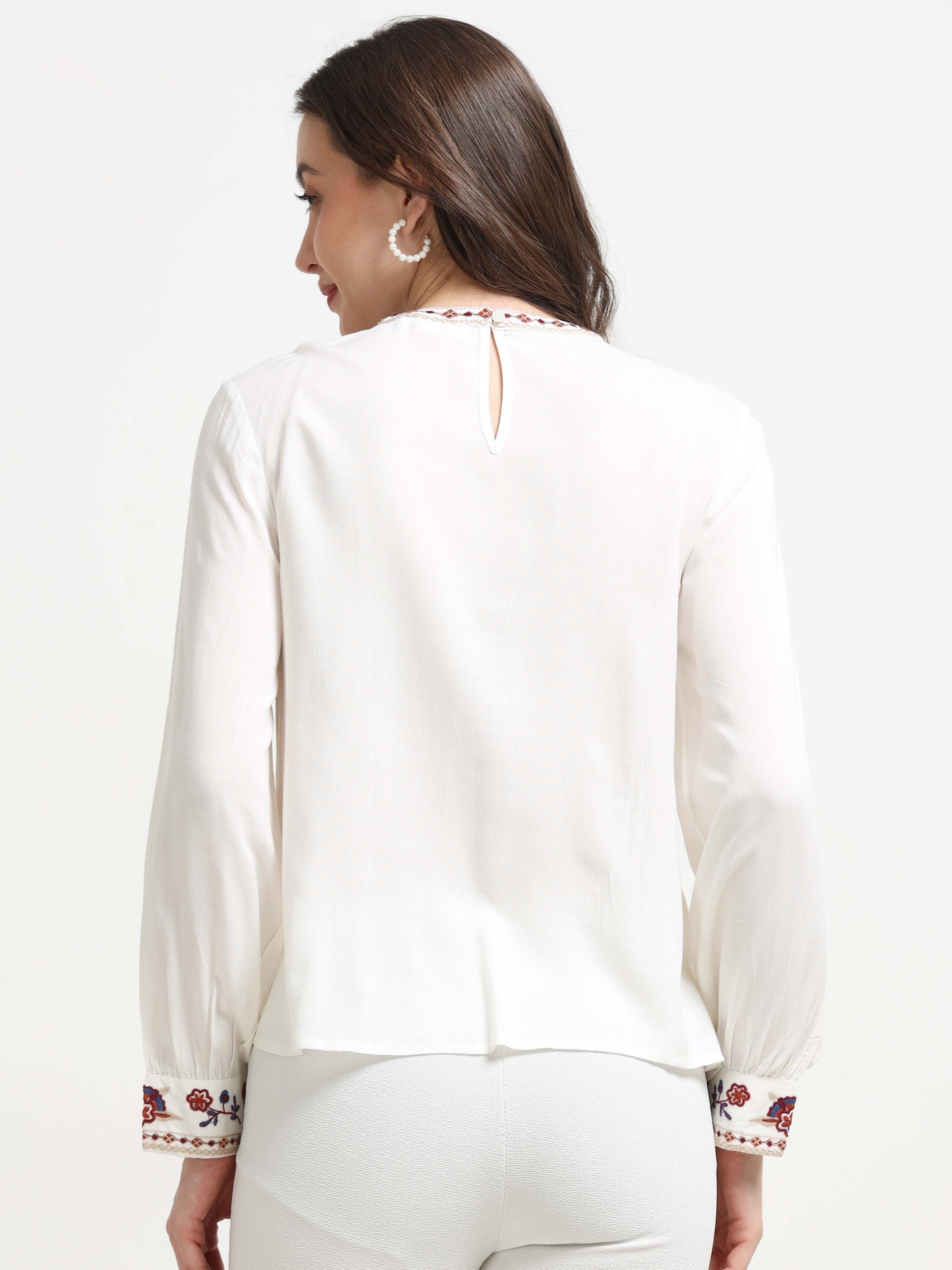 Women White Embroidered Casual Top
