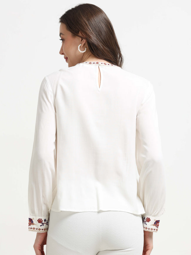 Women White Embroidered Casual Top