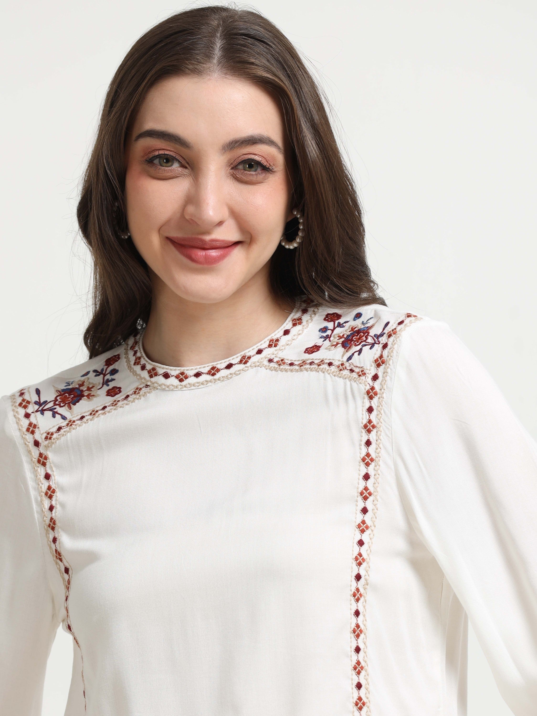 Women White Embroidered Casual Top