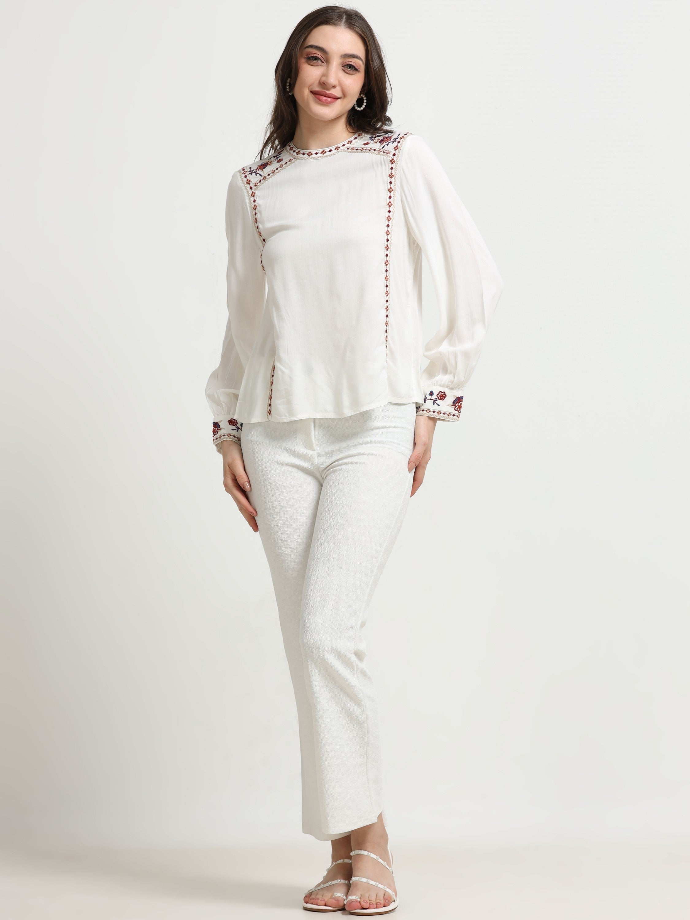 Women White Embroidered Casual Top