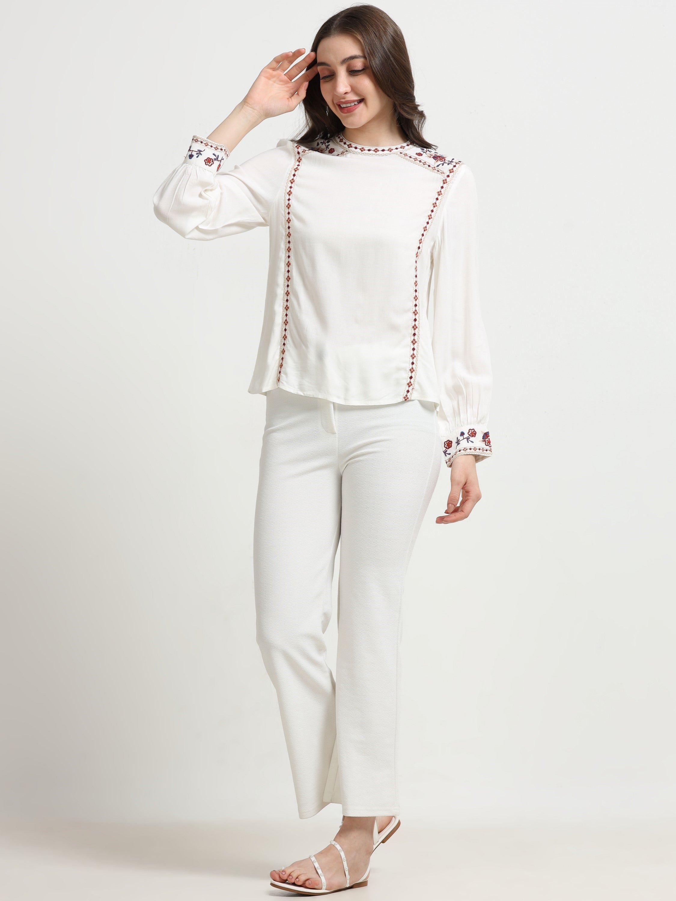 Women White Embroidered Casual Top