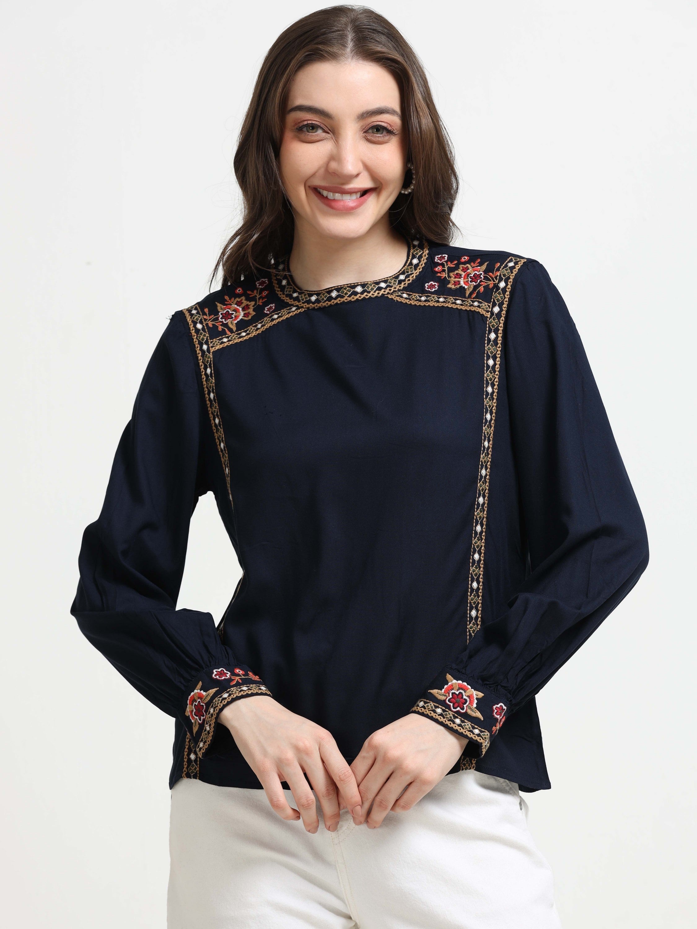 Women Blue Embroidered Casual Top