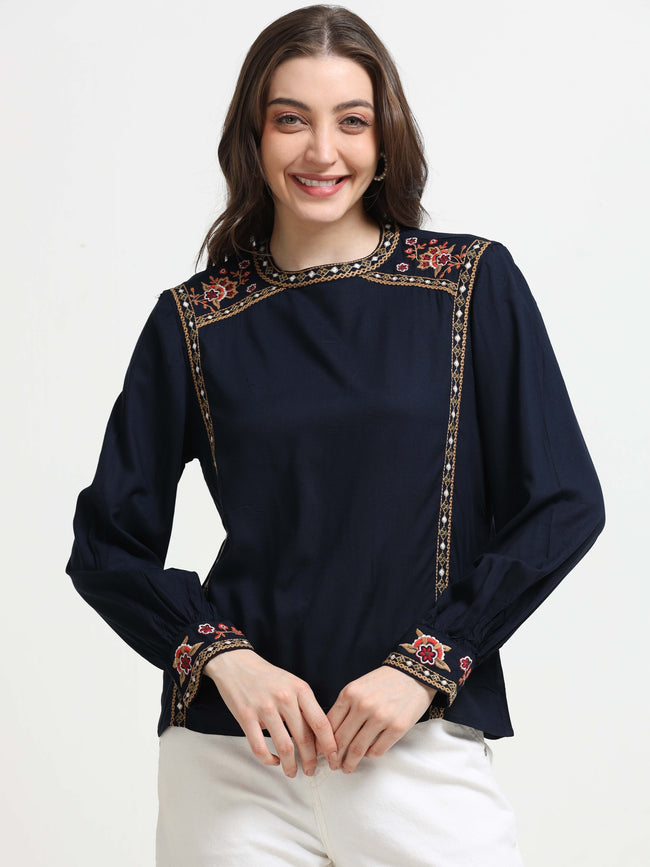 Women Blue Embroidered Casual Top