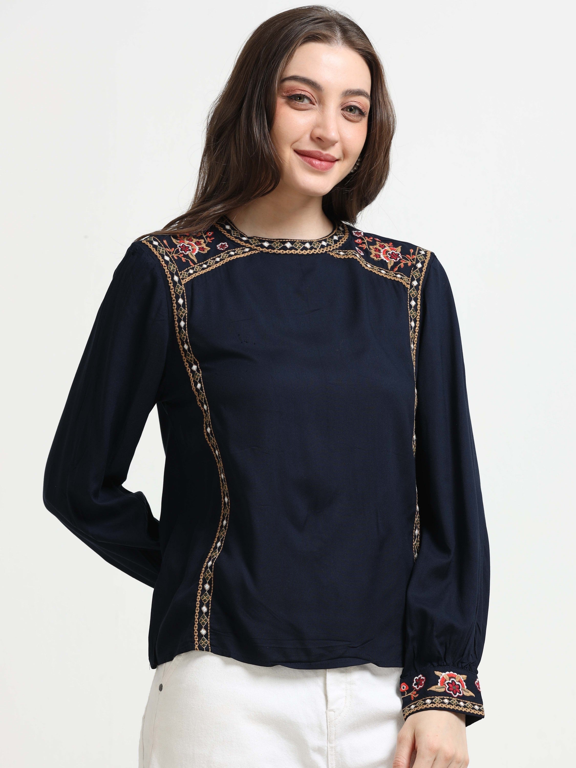 Women Blue Embroidered Casual Top