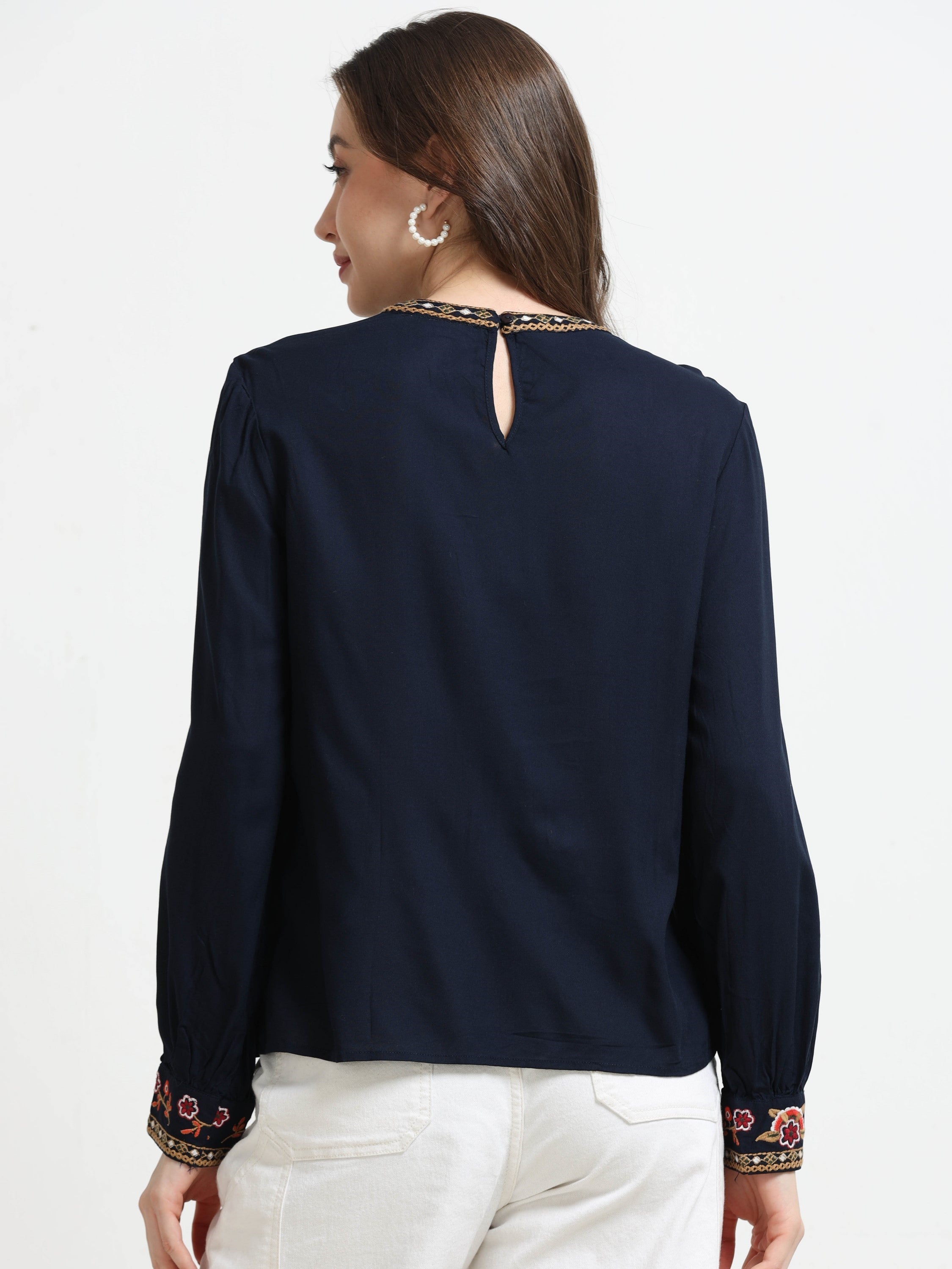 Women Blue Embroidered Casual Top