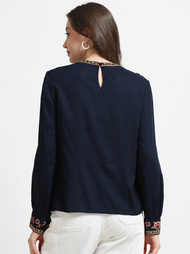 Women Blue Embroidered Casual Top