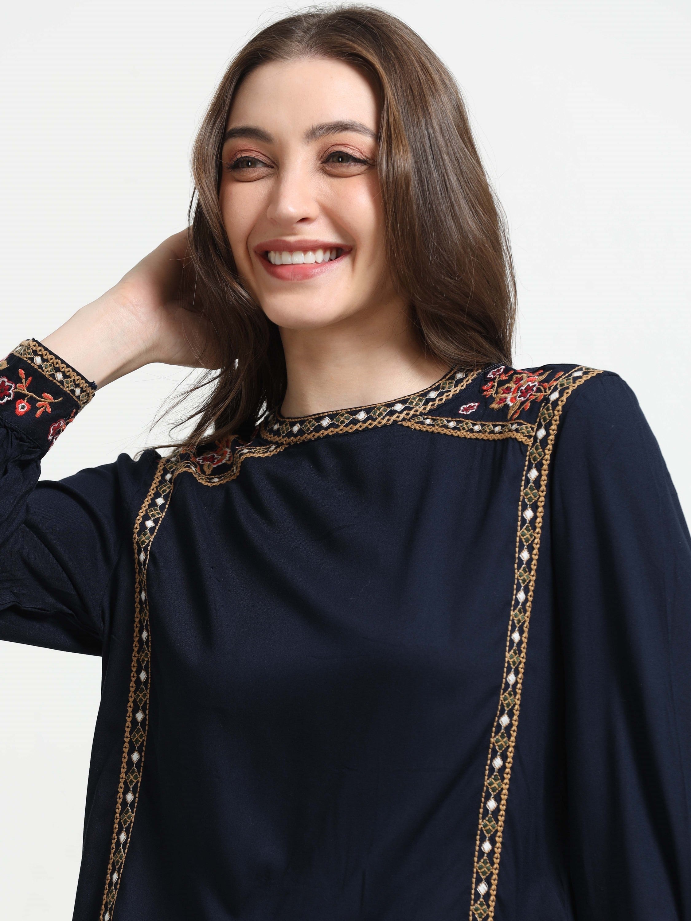 Women Blue Embroidered Casual Top