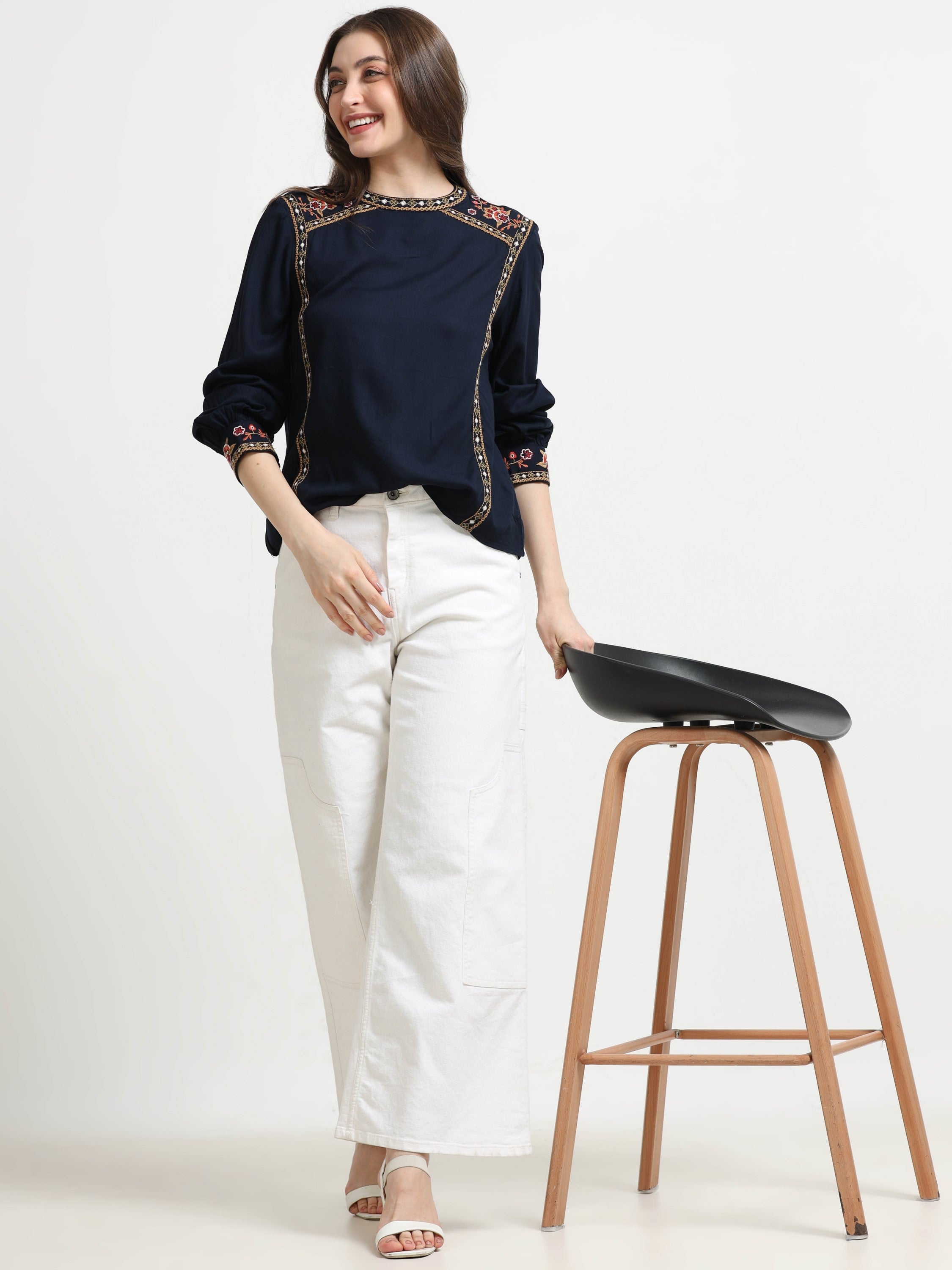 Women Blue Embroidered Casual Top