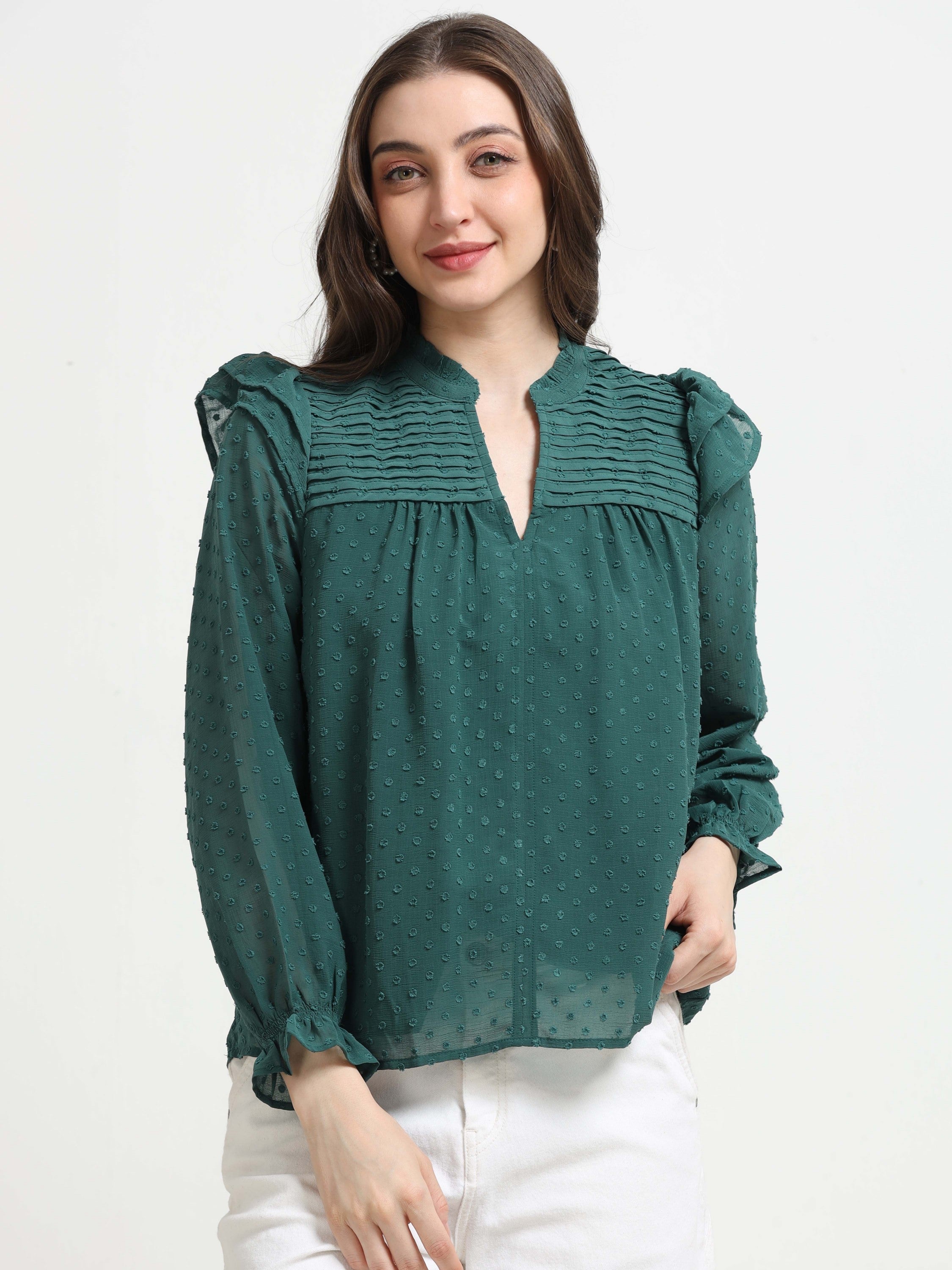 Women Green Frilled & Pleated Top