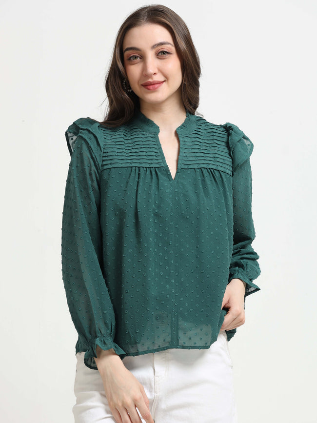 Women Green Frilled & Pleated Top