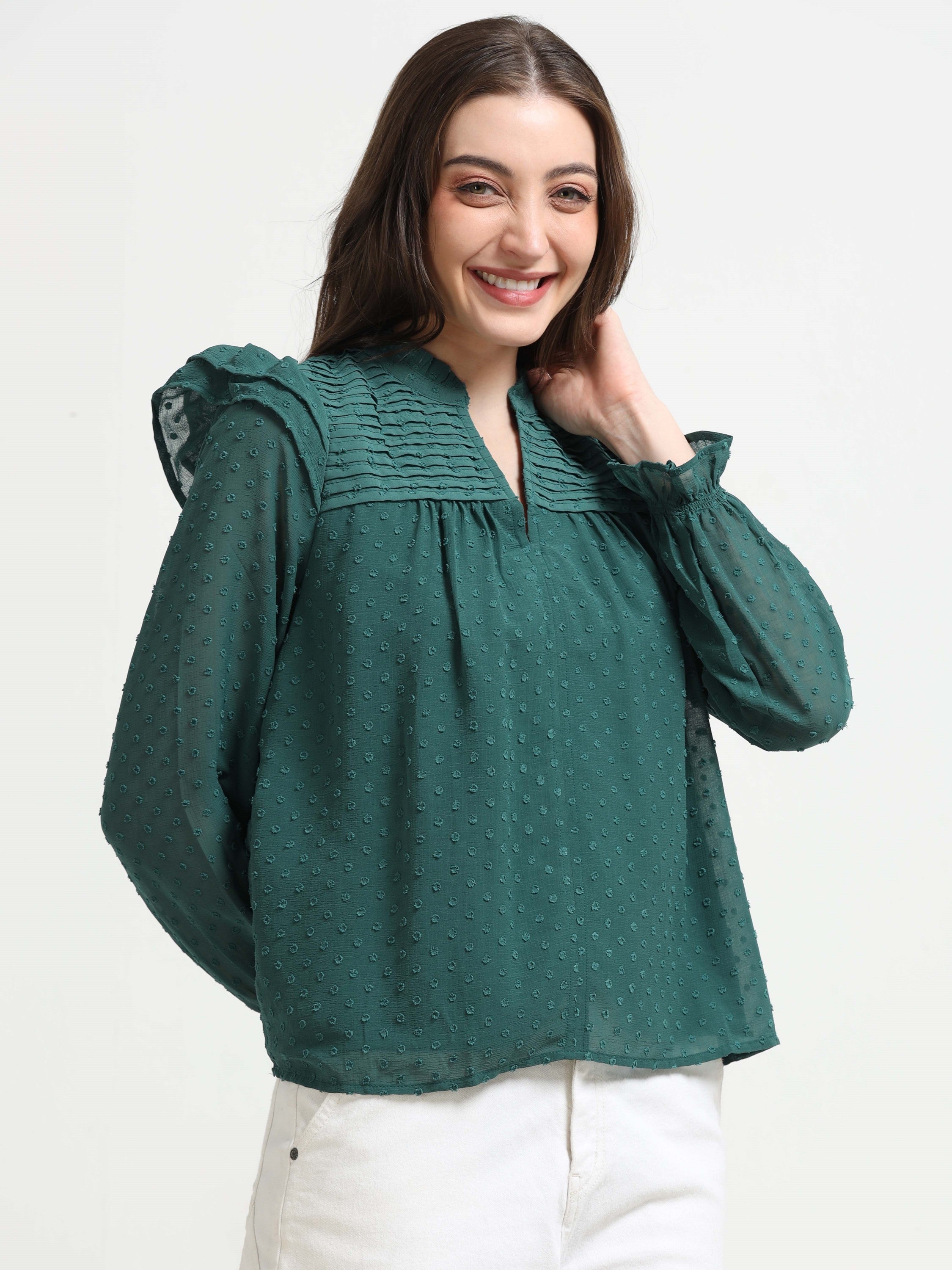 Women Green Frilled & Pleated Top