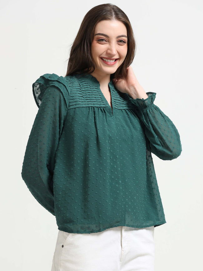 Women Green Frilled & Pleated Top
