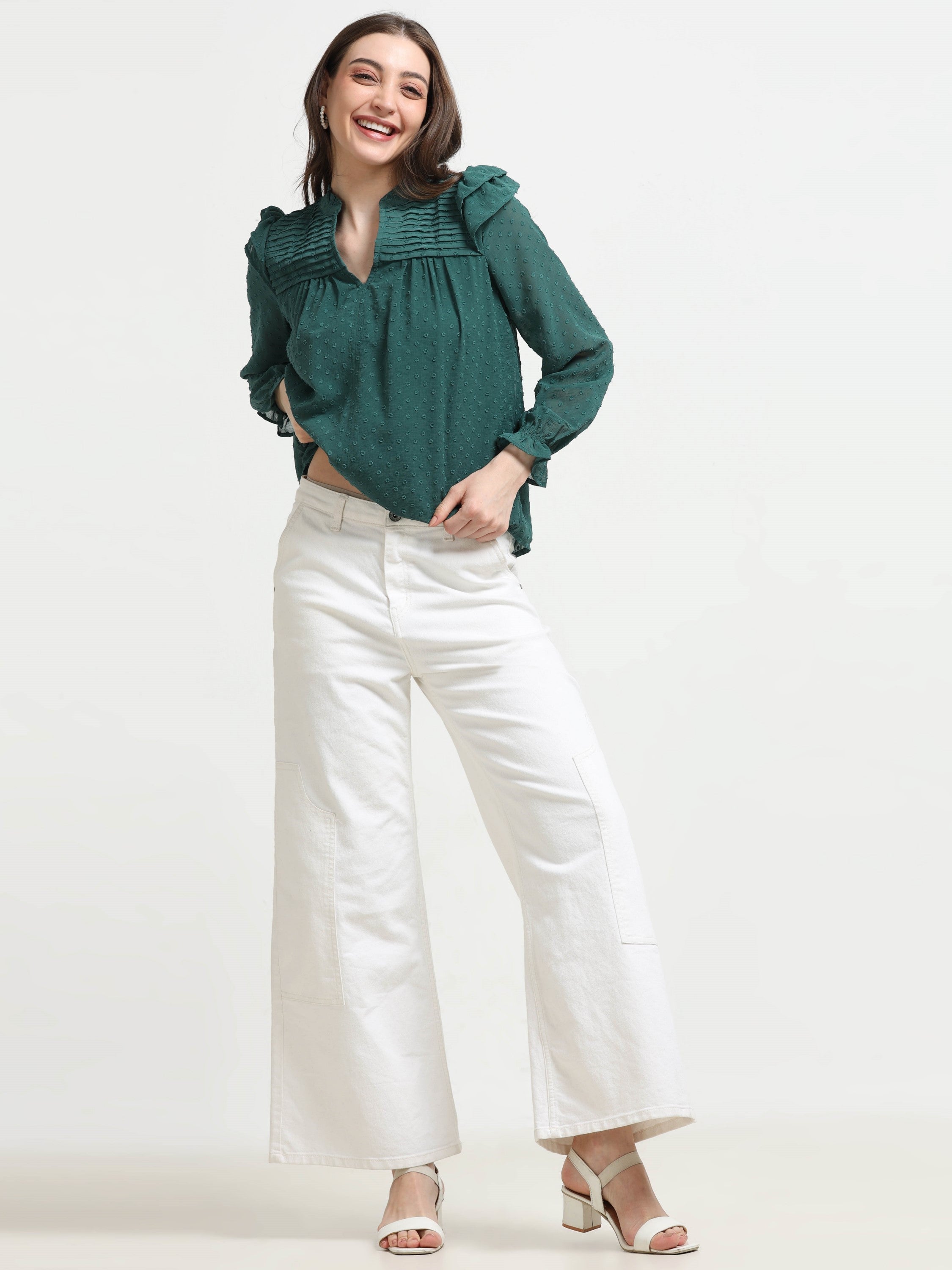 Women Green Frilled & Pleated Top