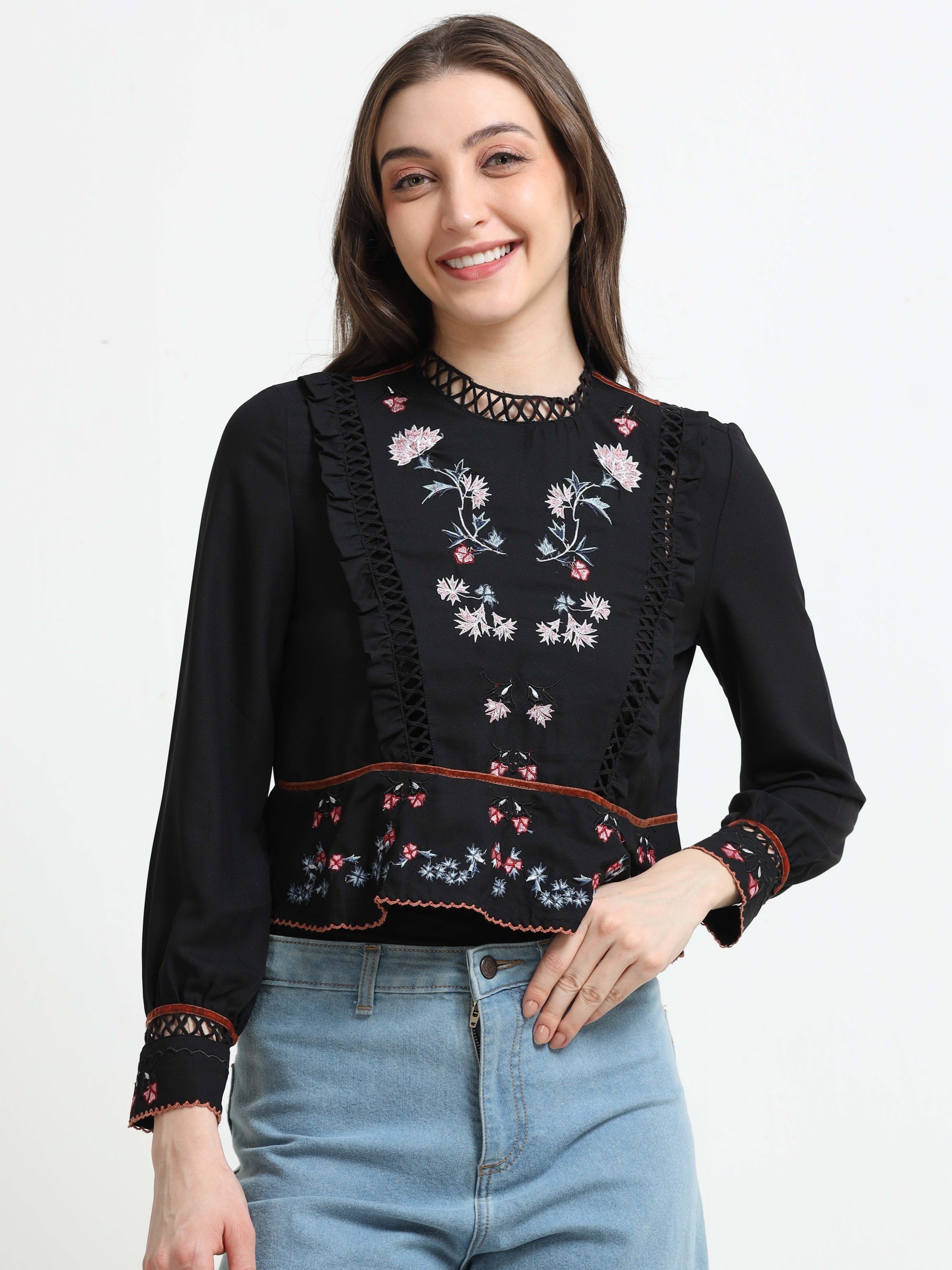 Women Black Lace & Embroidered Party Top