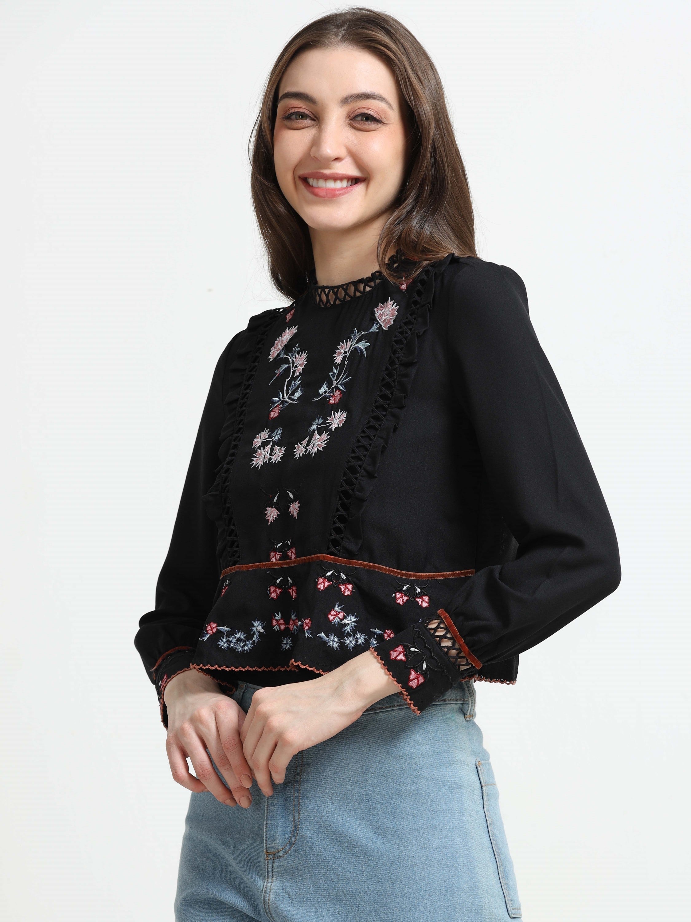 Women Black Lace & Embroidered Party Top