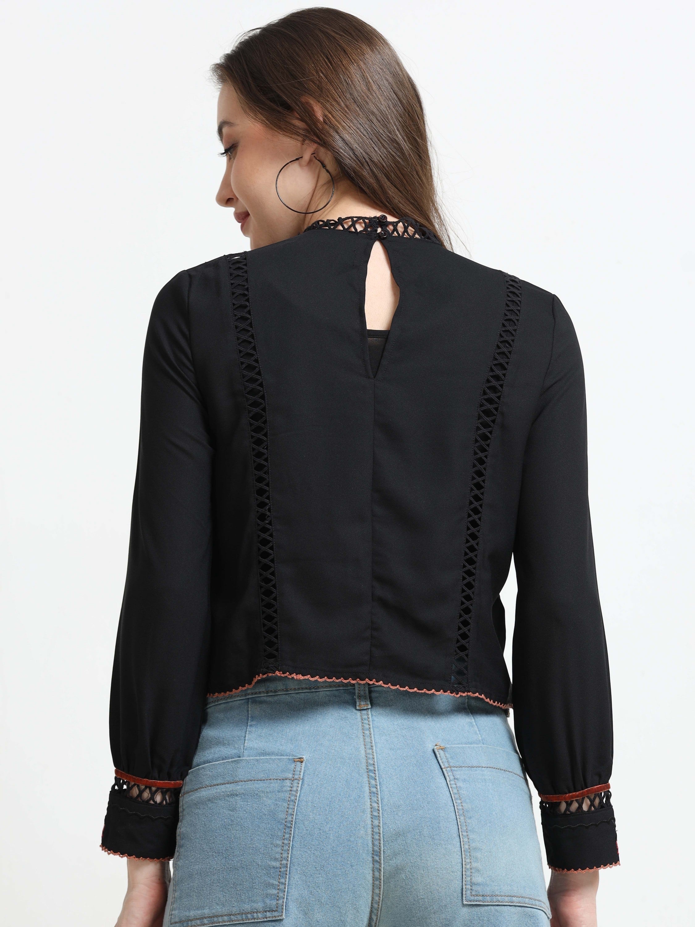 Women Black Lace & Embroidered Party Top