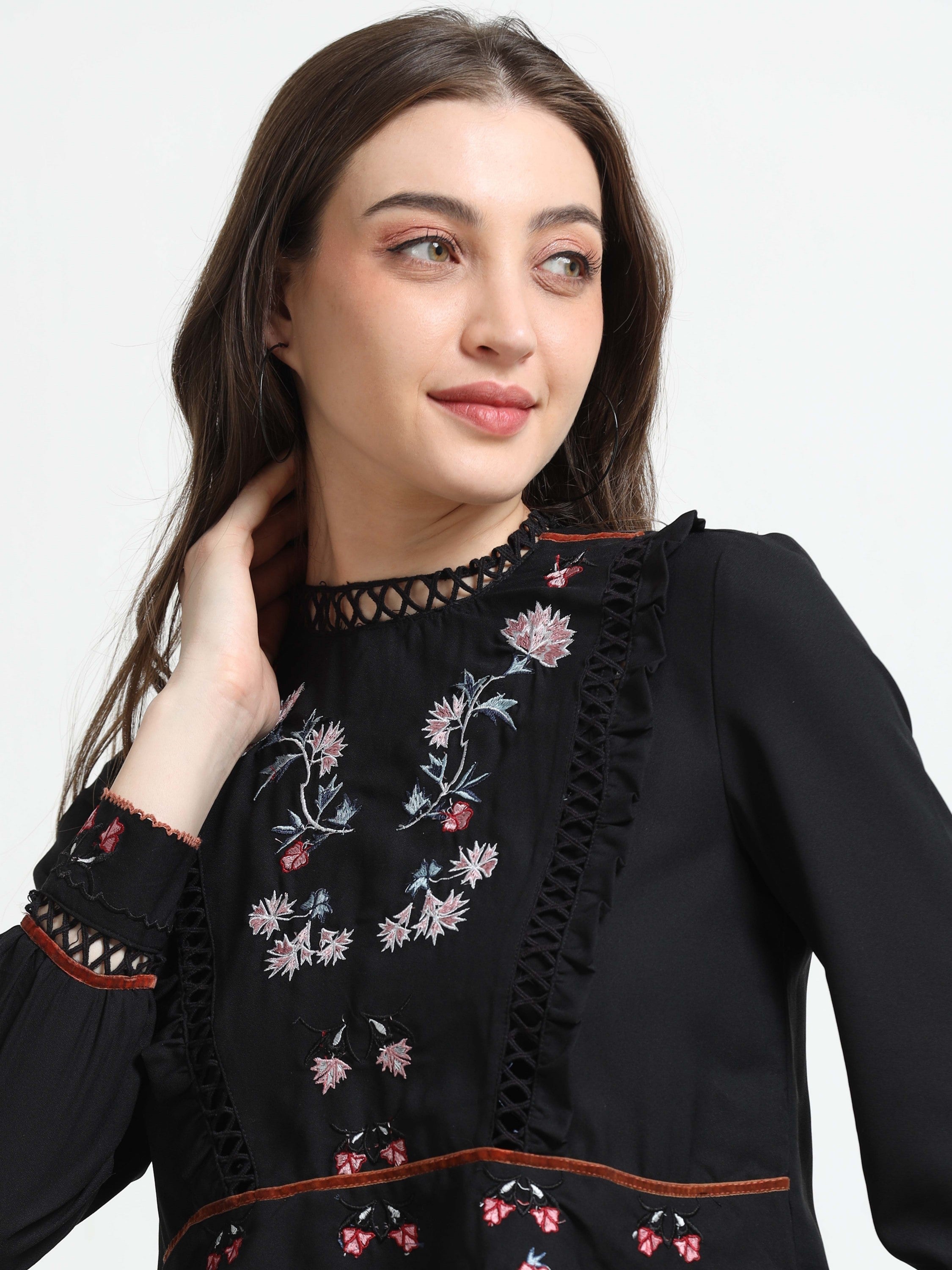 Women Black Lace & Embroidered Party Top