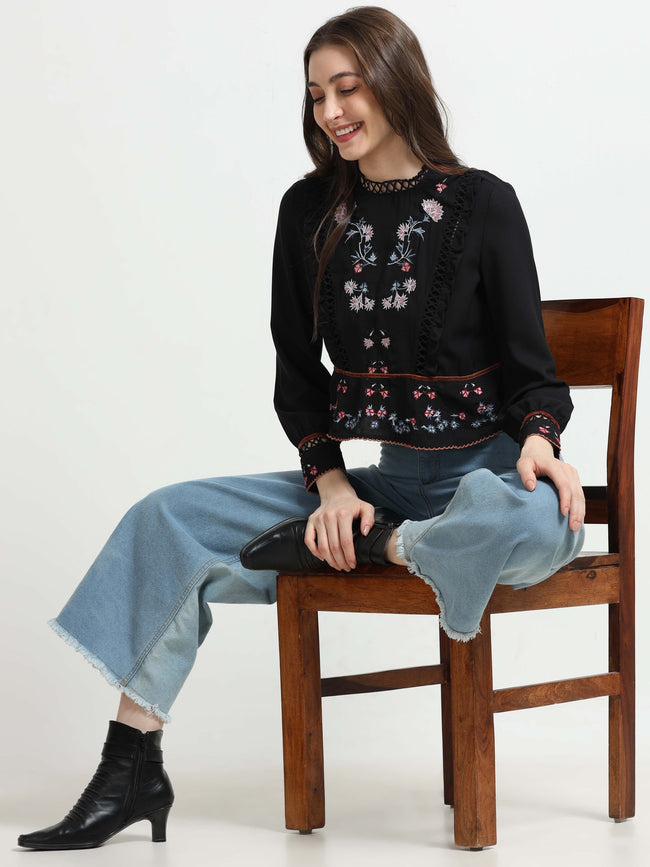 Women Black Lace & Embroidered Party Top