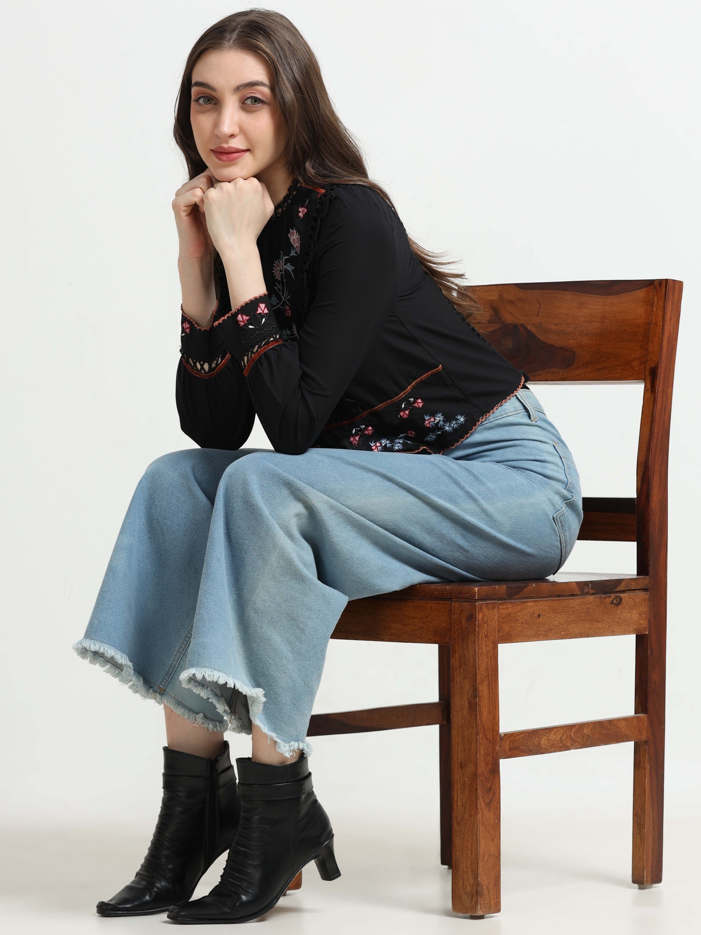 Women Black Lace & Embroidered Party Top