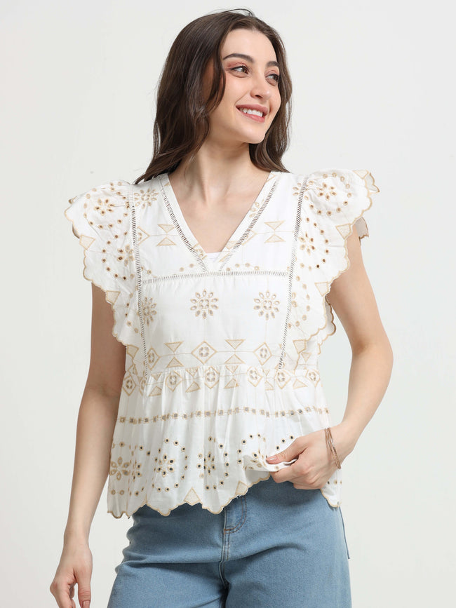 Women White Schiffli Scalloped Top