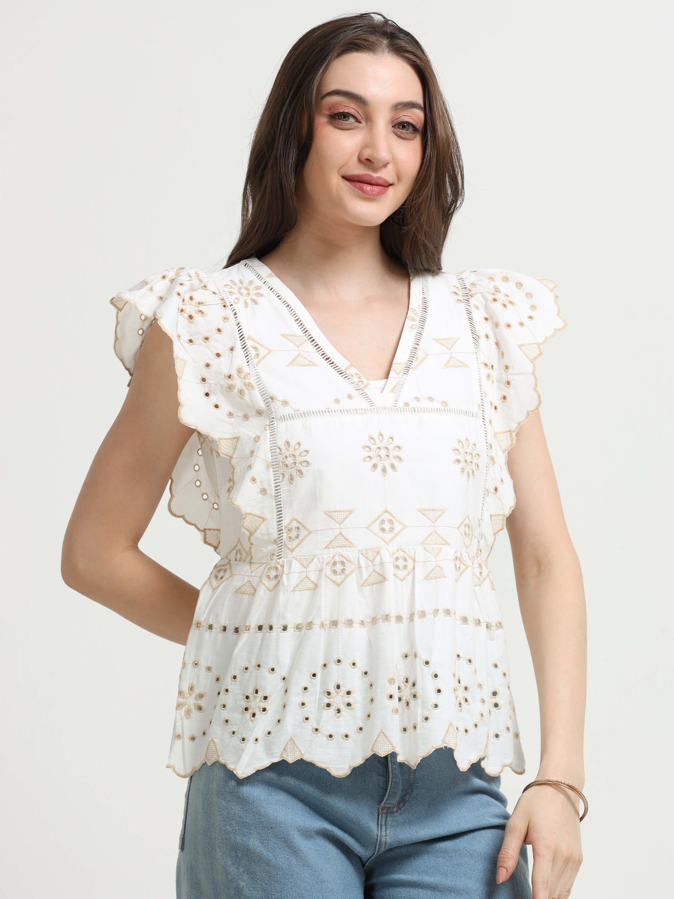Women White Schiffli Scalloped Top