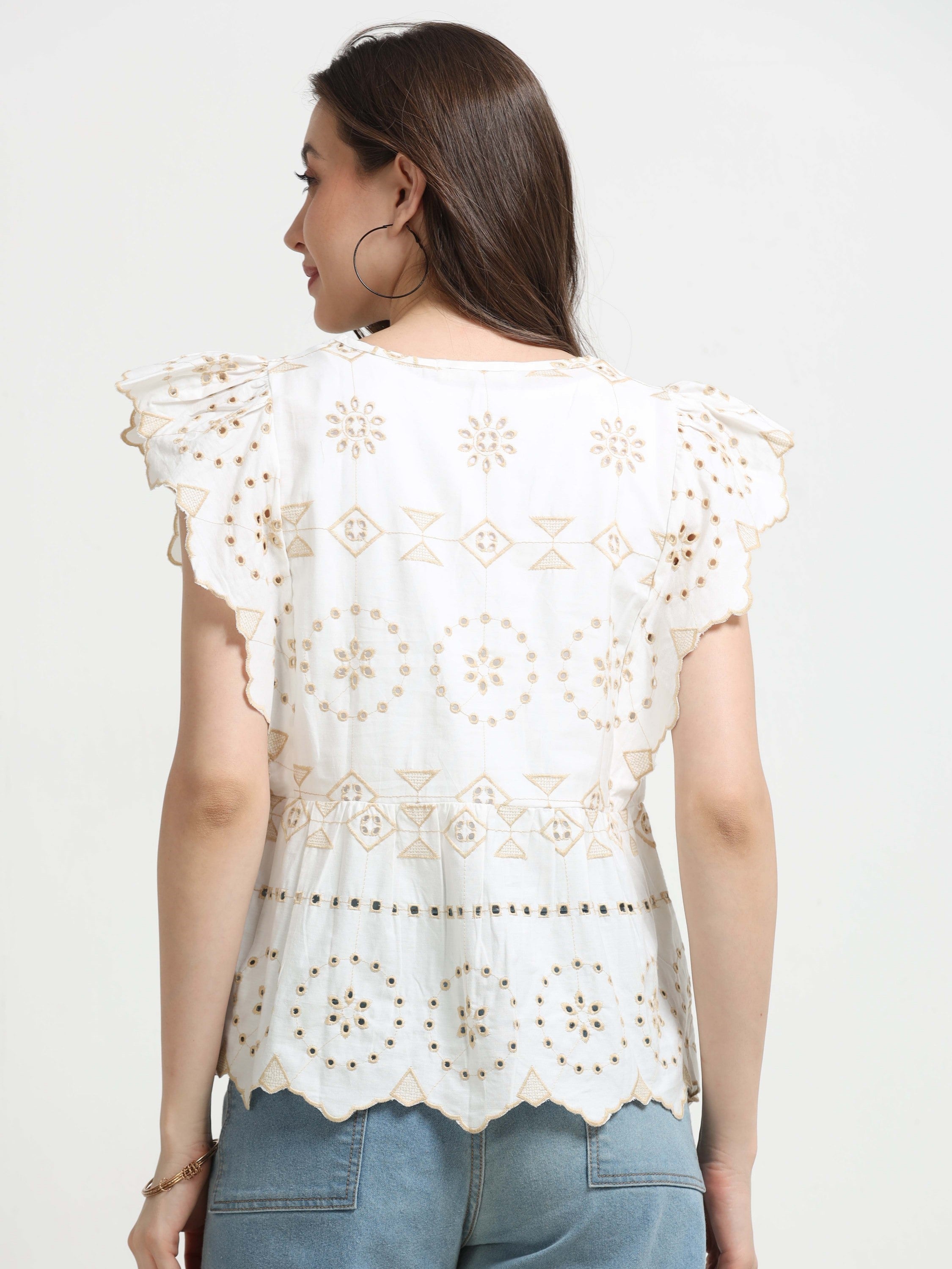 Women White Schiffli Scalloped Top