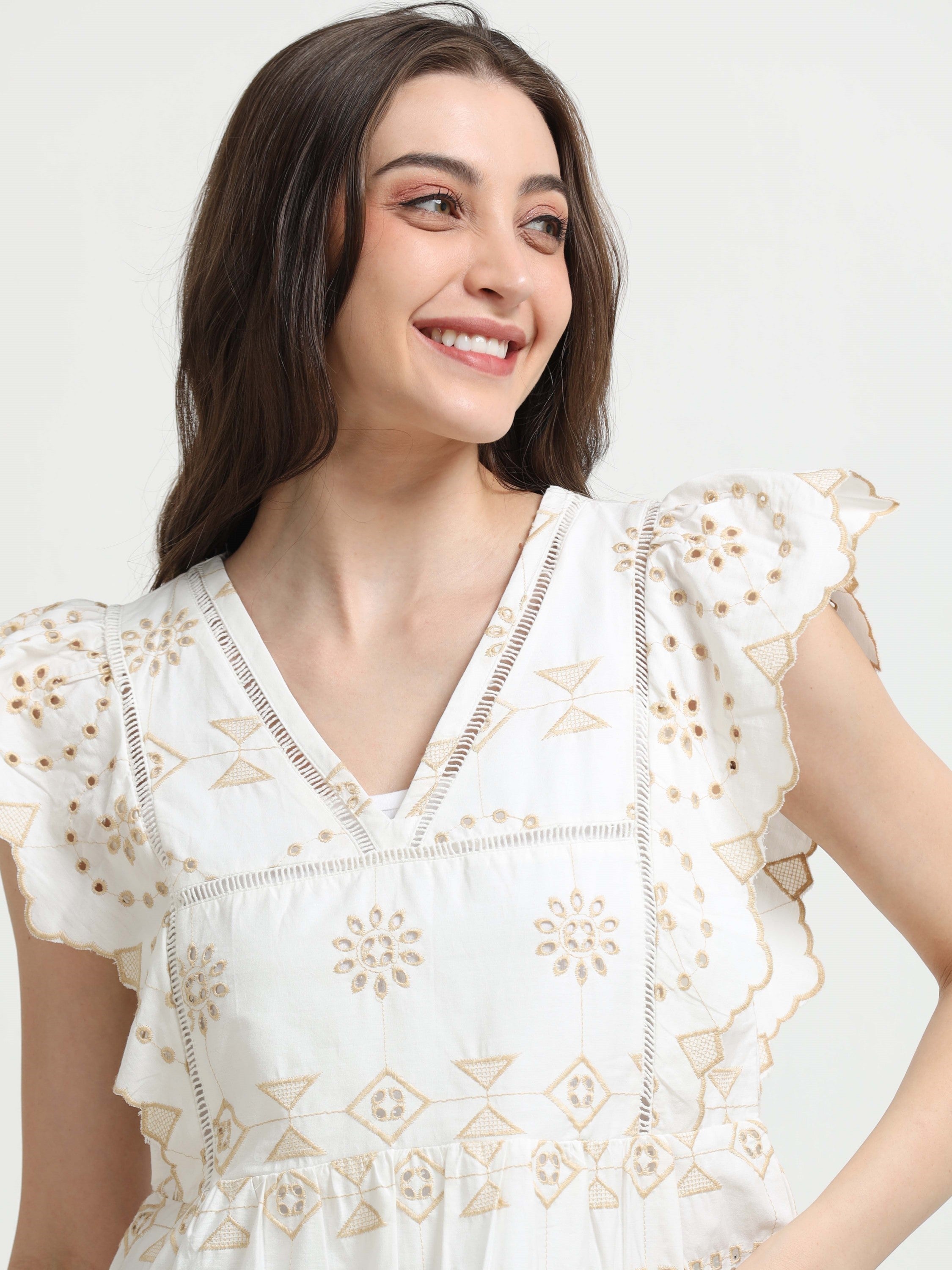 Women White Schiffli Scalloped Top