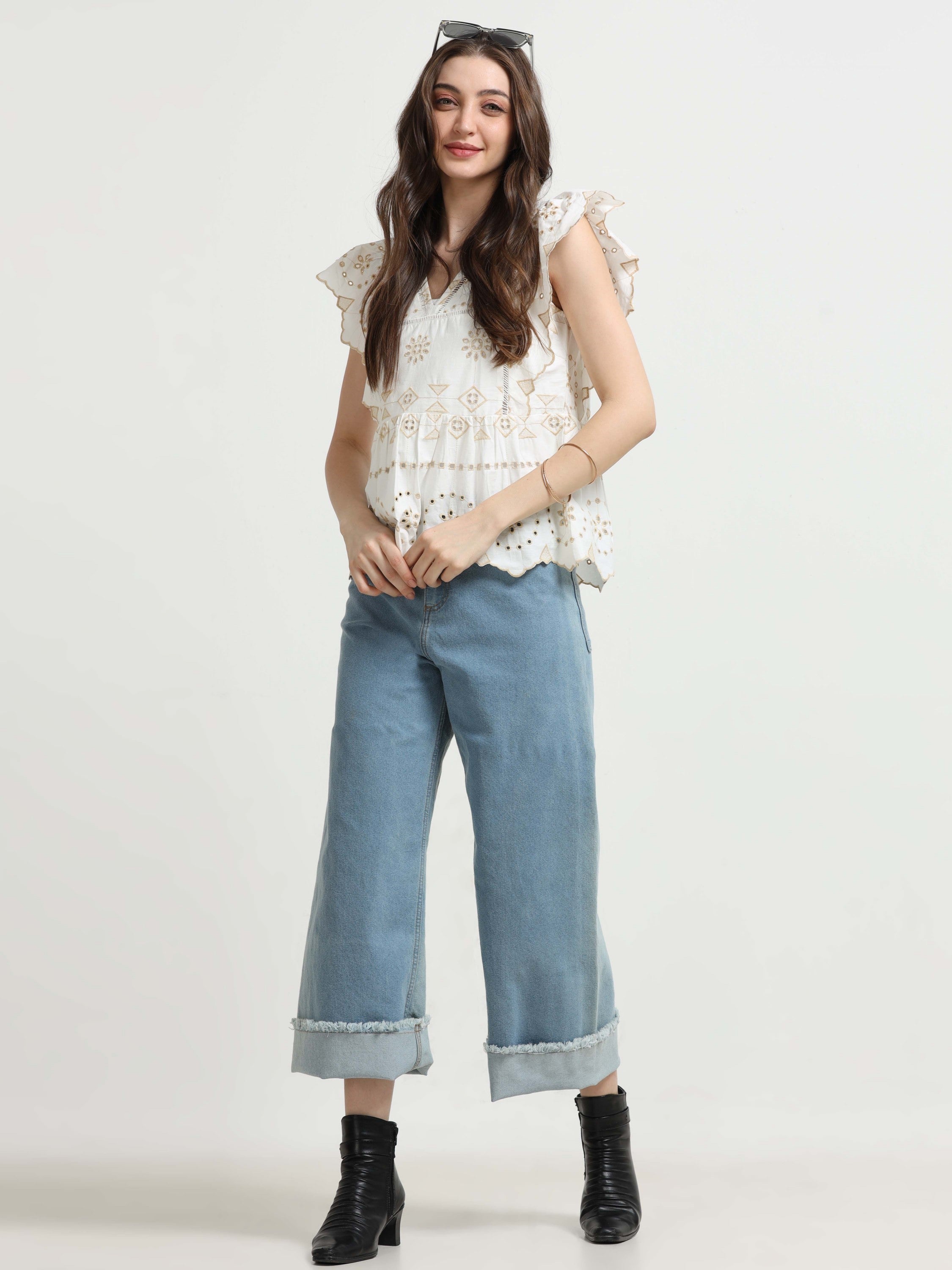 Women White Schiffli Scalloped Top