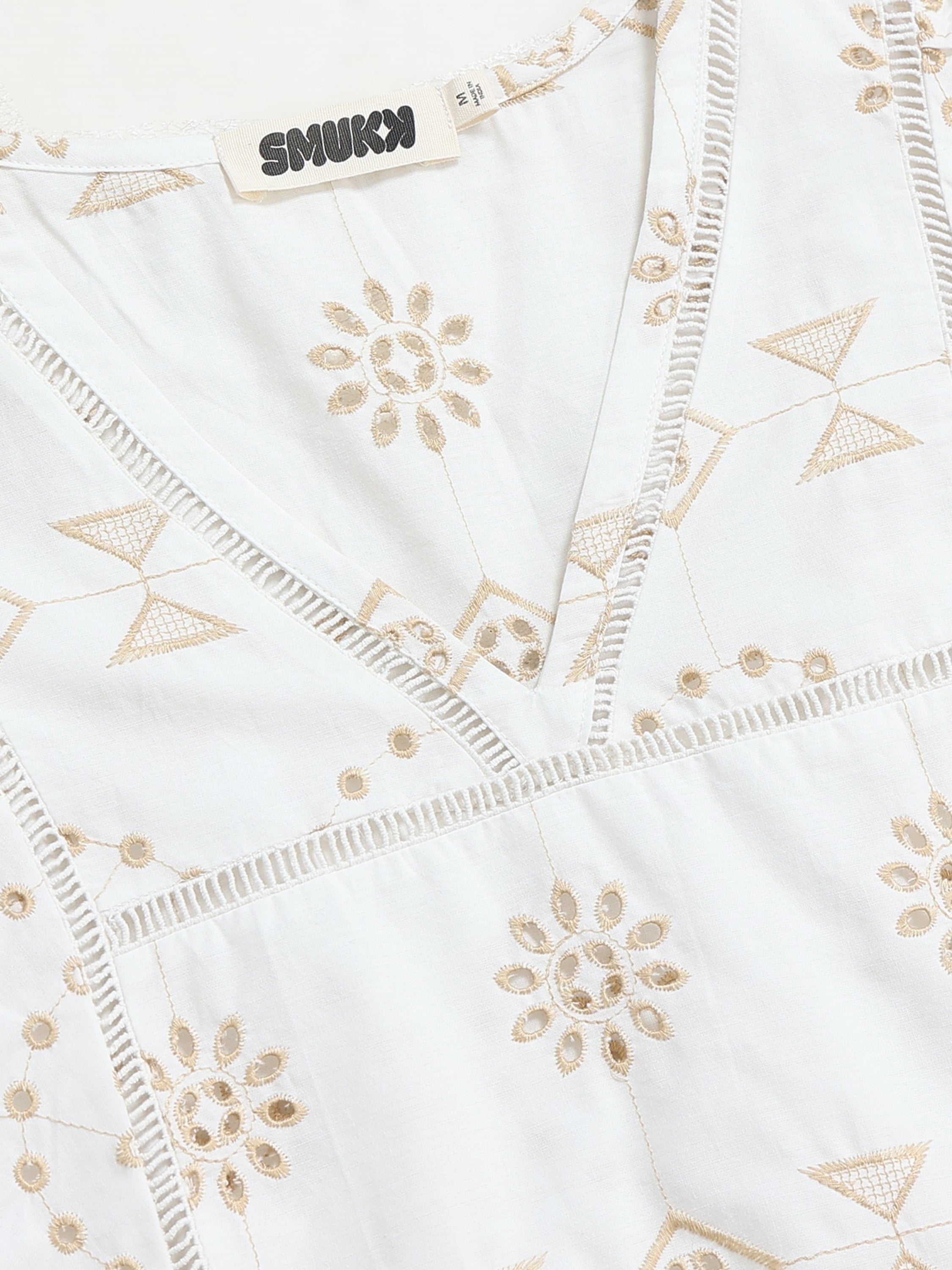 Women White Schiffli Scalloped Top