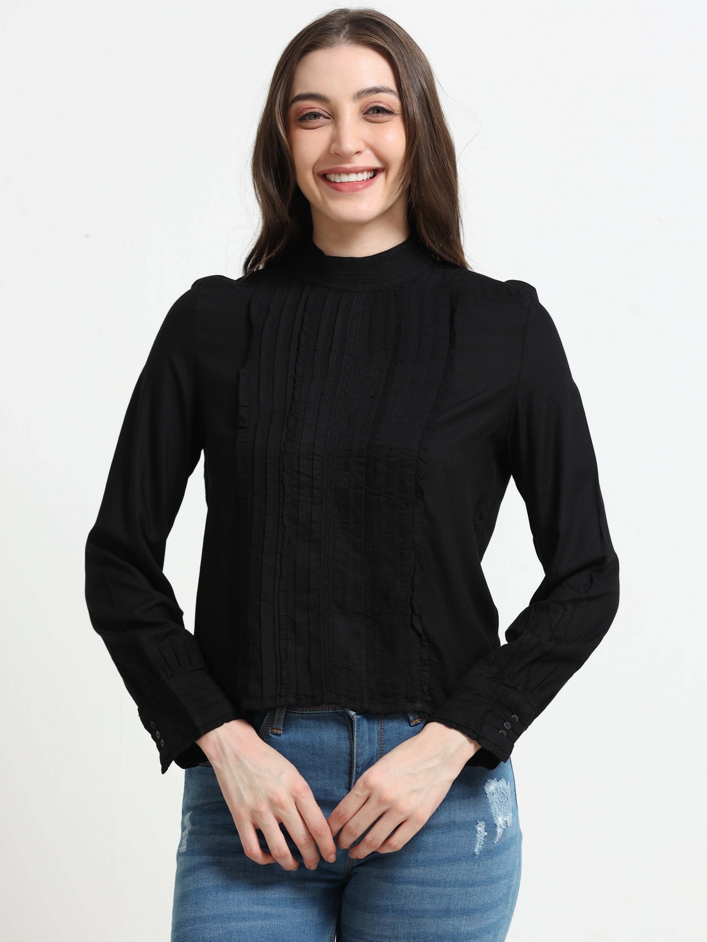 Women Black Top with Frill Inserts