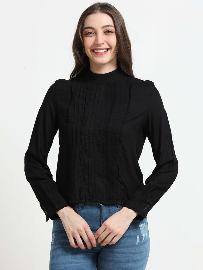 Women Black Top with Frill Inserts