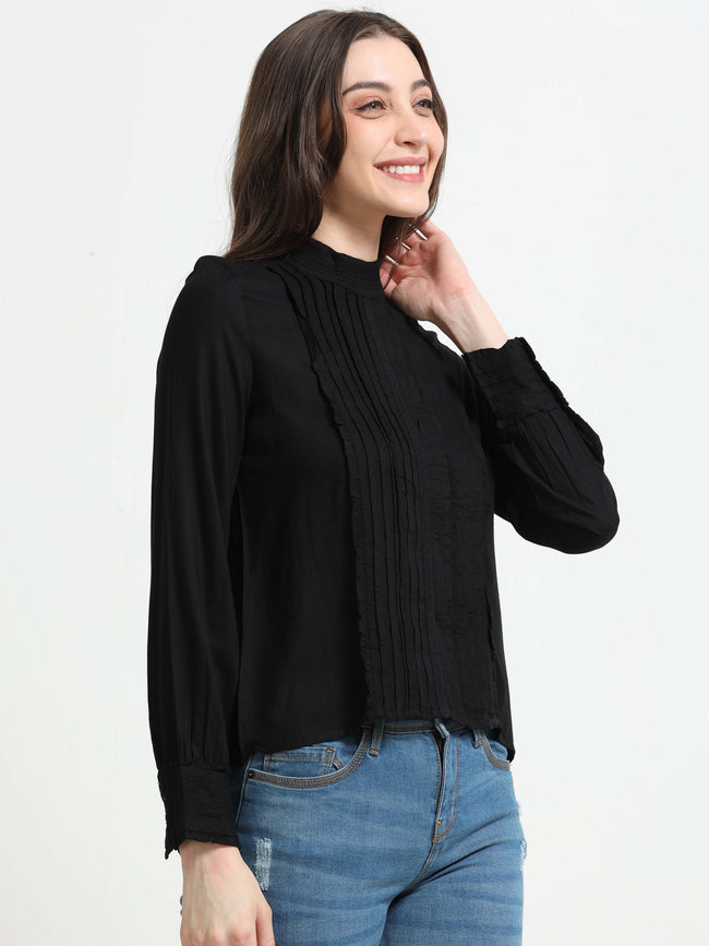 Women Black Top with Frill Inserts
