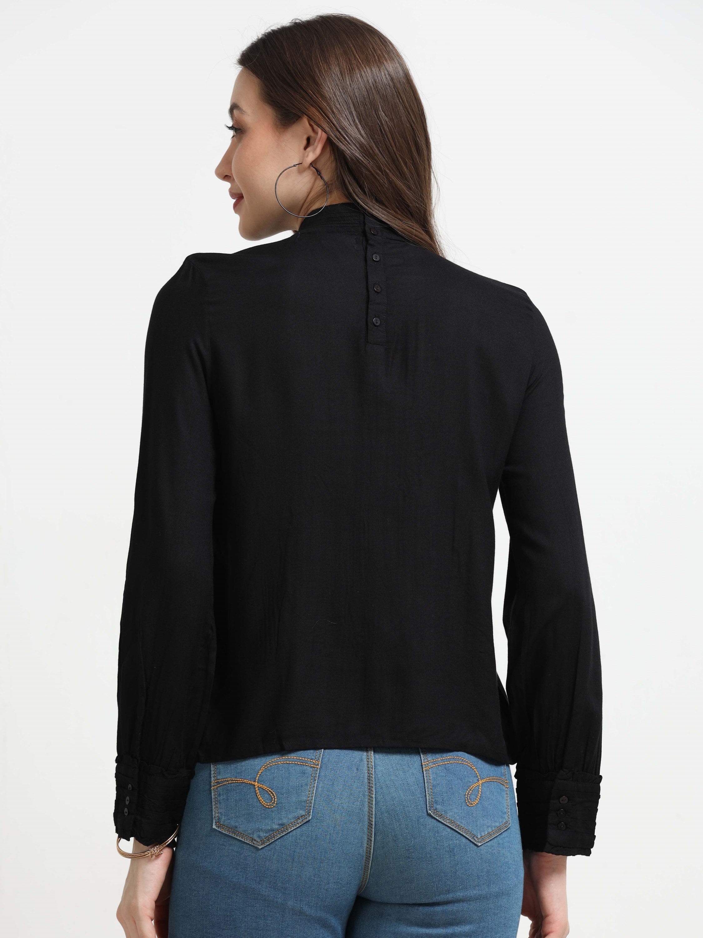 Women Black Top with Frill Inserts