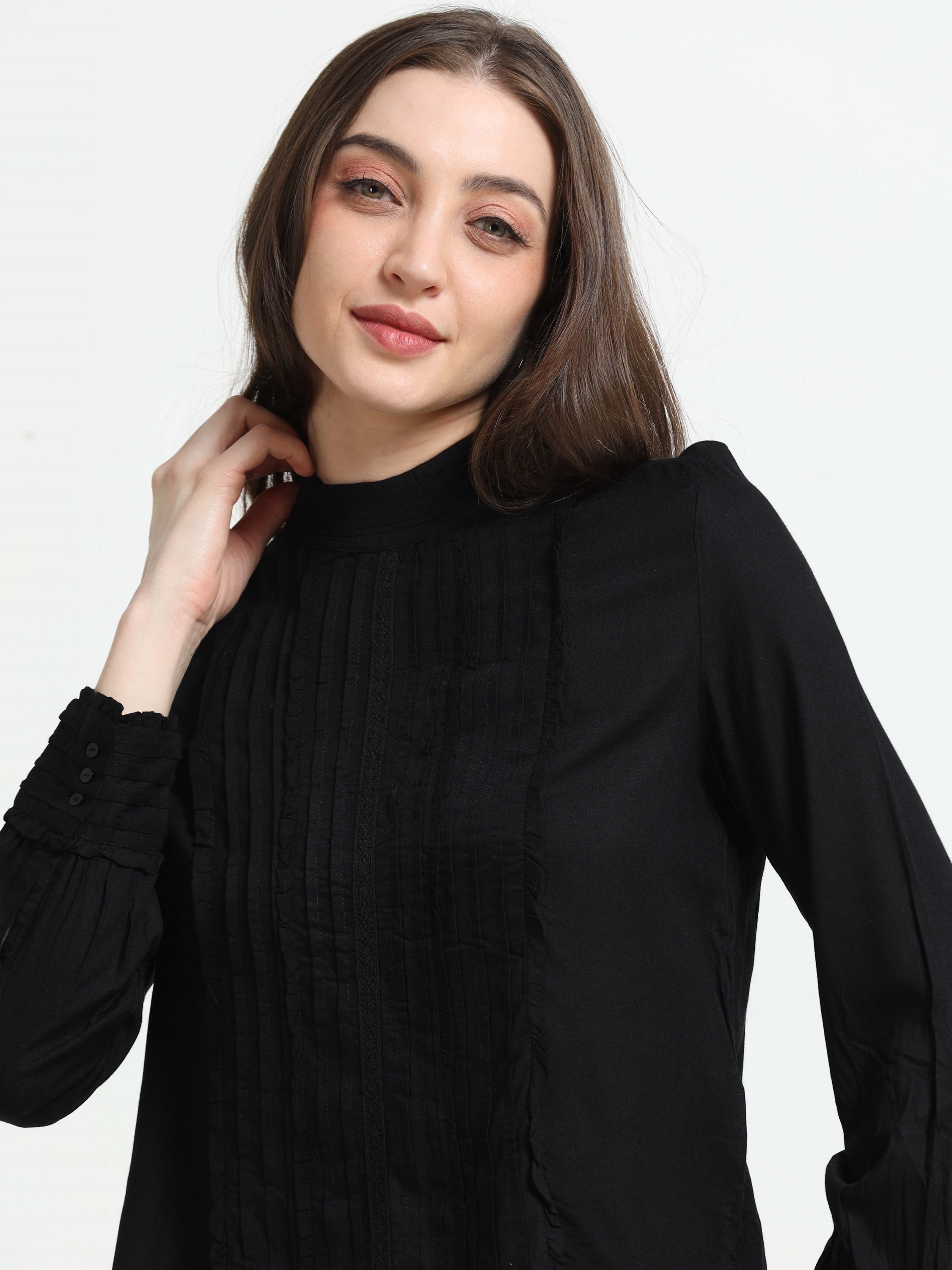 Women Black Top with Frill Inserts