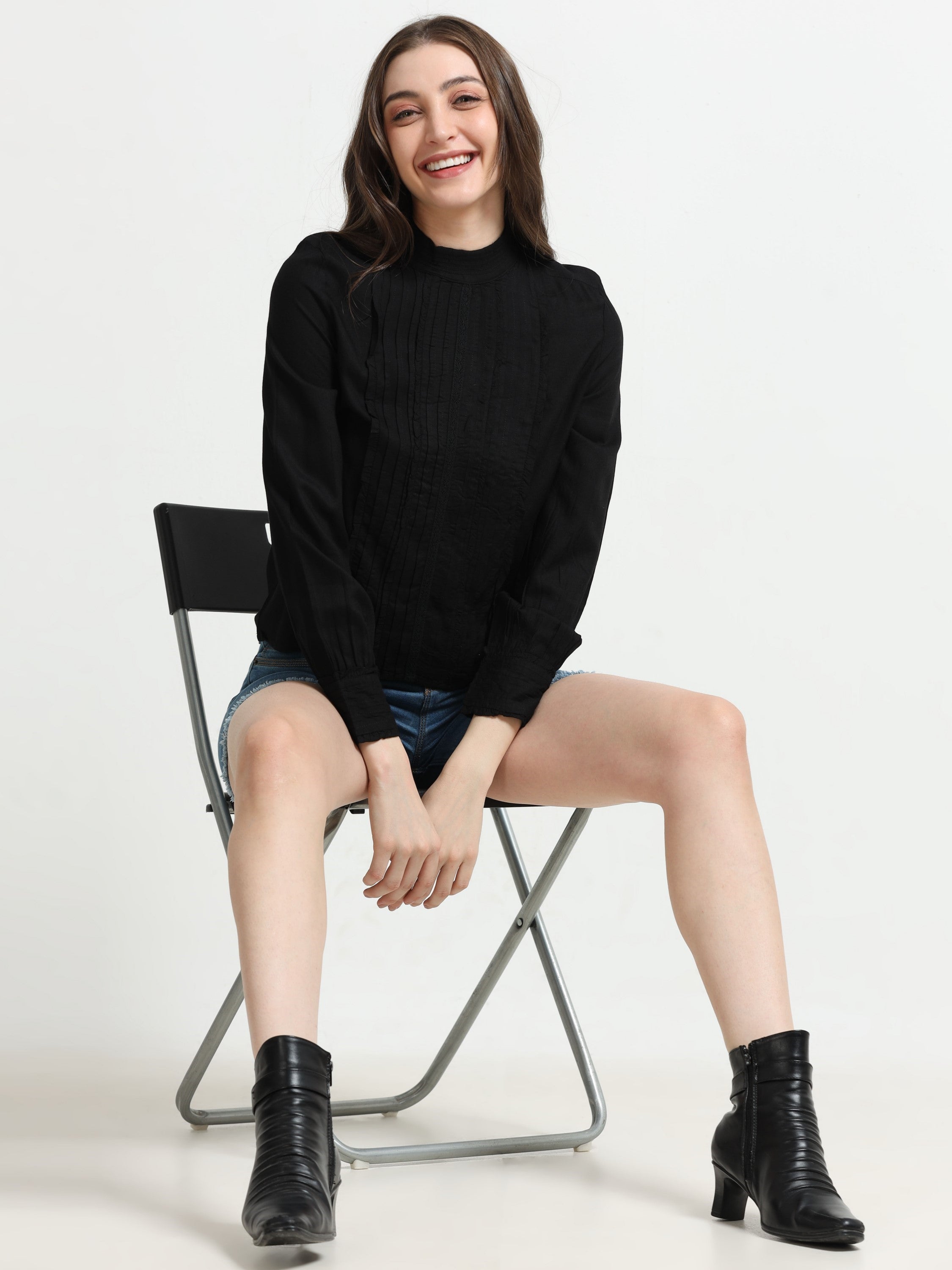Women Black Top with Frill Inserts