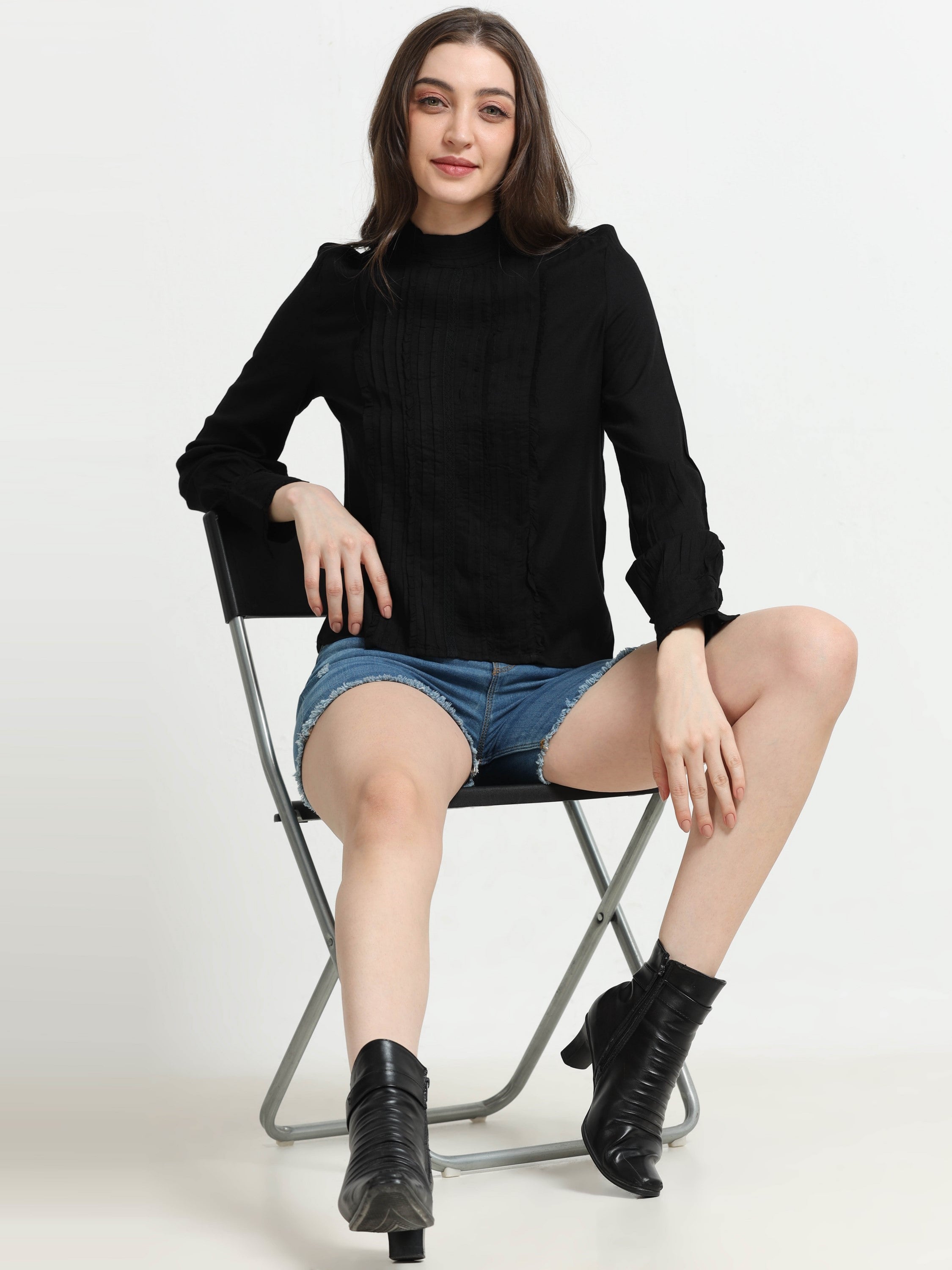 Women Black Top with Frill Inserts