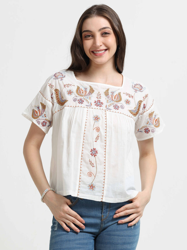 Women White Embroidered Relaxed Top