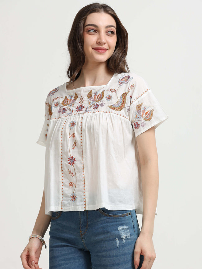 Women White Embroidered Relaxed Top