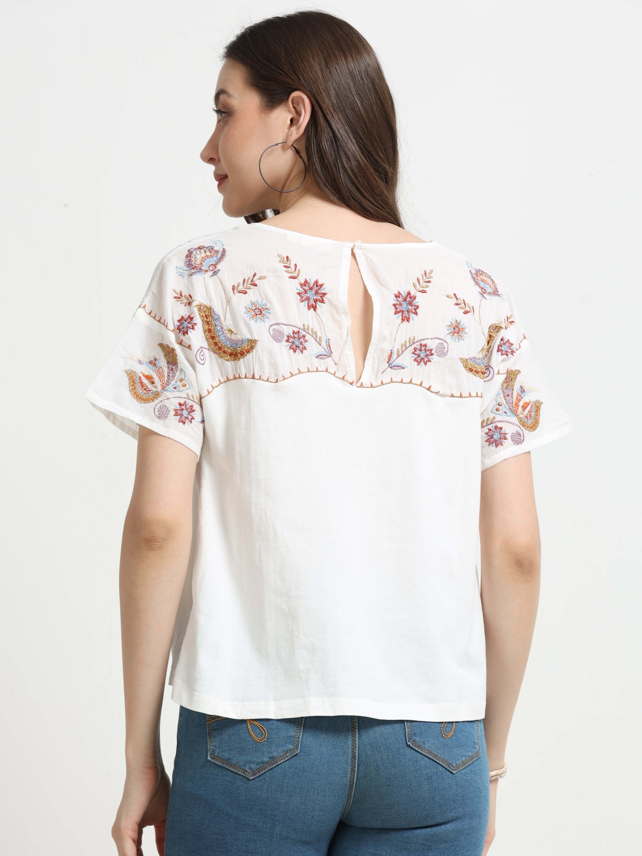 Women White Embroidered Relaxed Top