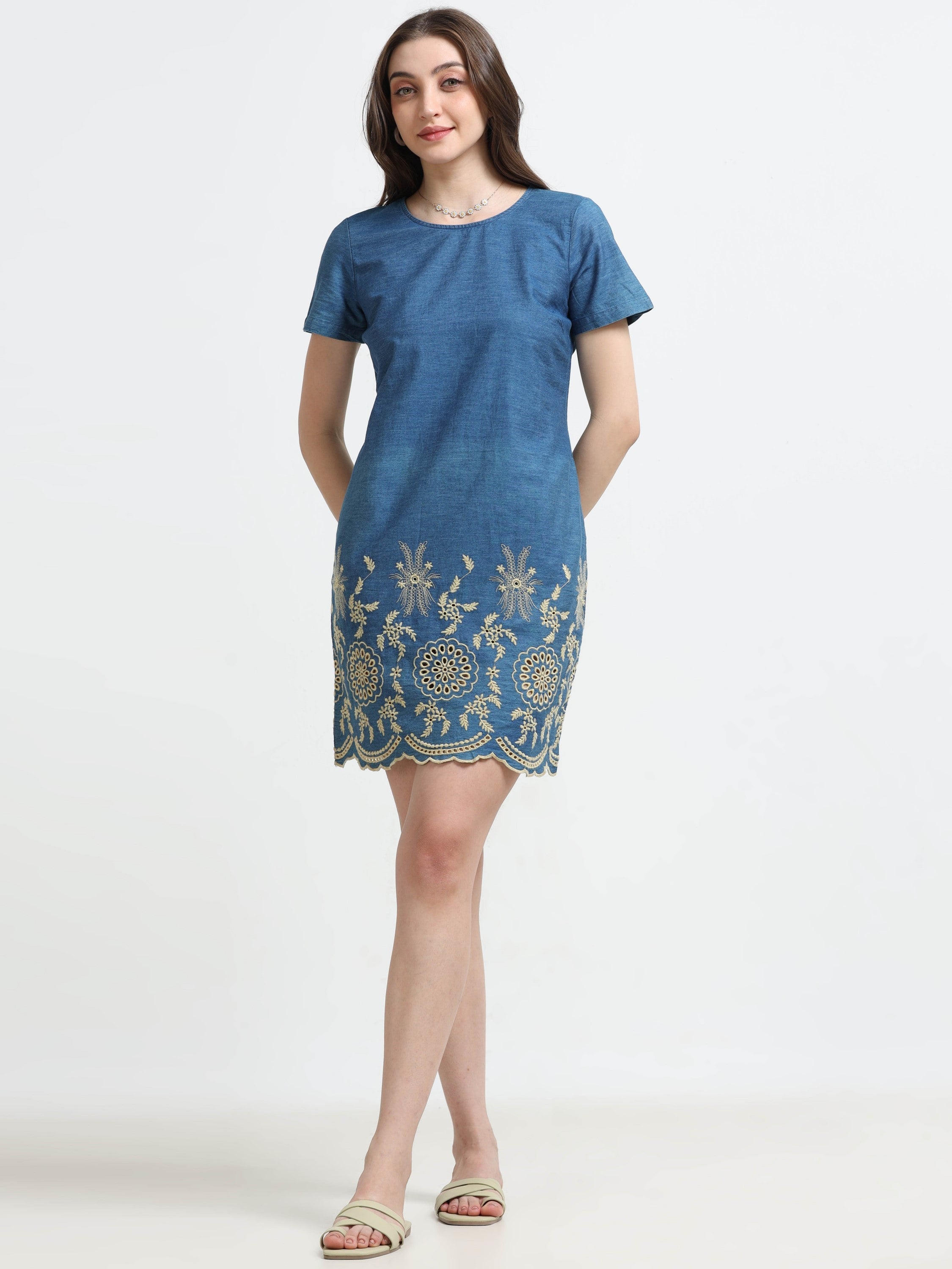 Women Denim Embroidered Hem Dress