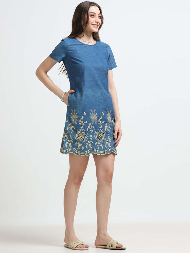Women Denim Embroidered Hem Dress