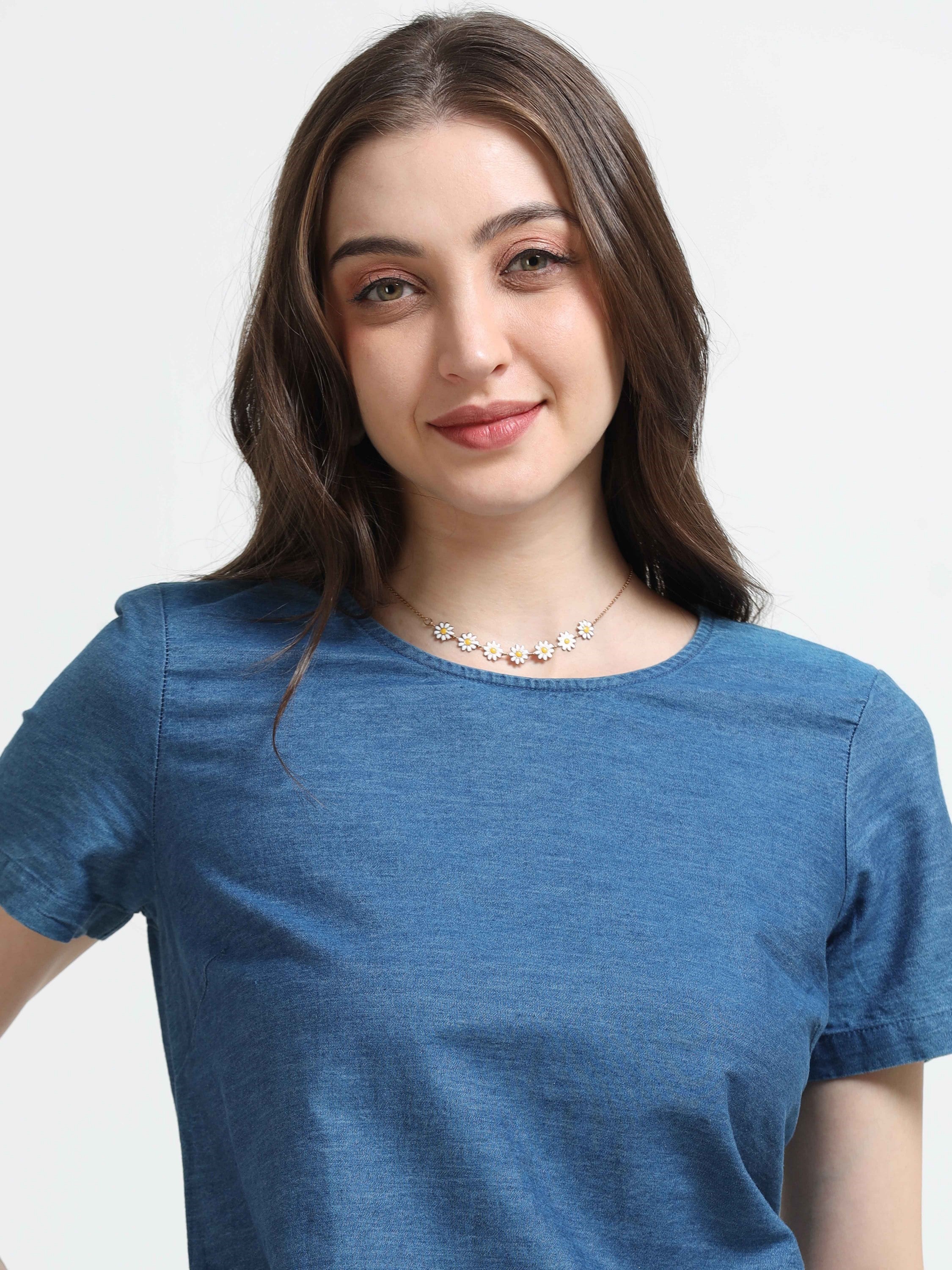 Women Denim Embroidered Hem Dress